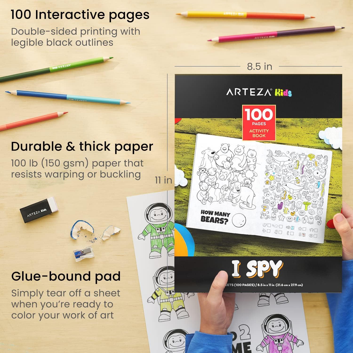 ARTEZA Kids Coloring Book and Colored Pencils Kit, 8.5×11 Inches, Sea Creature Illustrations, 50 Double-Sided Coloring Sheets, 100-lb Paper(I Spy)