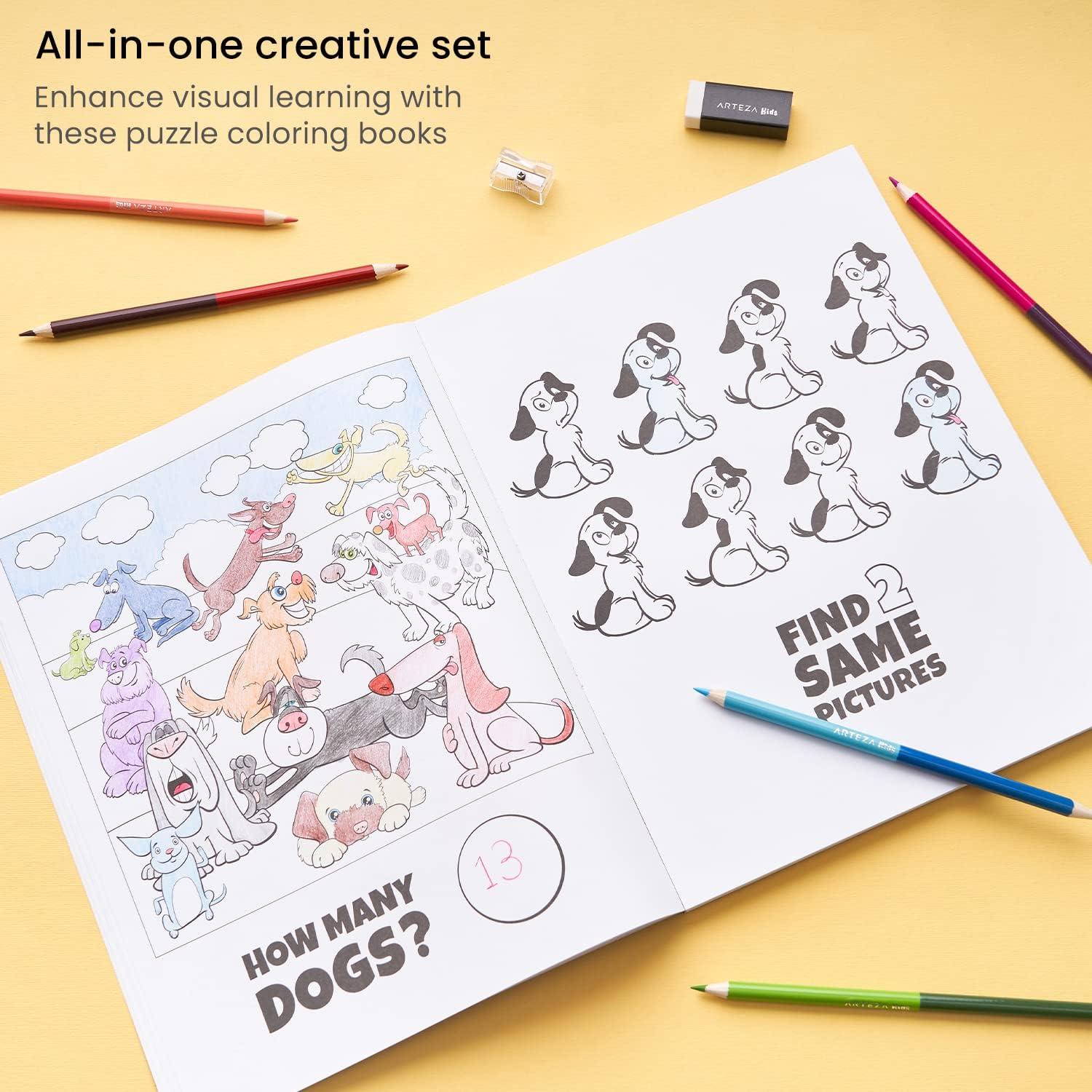 ARTEZA Kids Coloring Book and Colored Pencils Kit, 8.5×11 Inches, Sea Creature Illustrations, 50 Double-Sided Coloring Sheets, 100-lb Paper(I Spy)