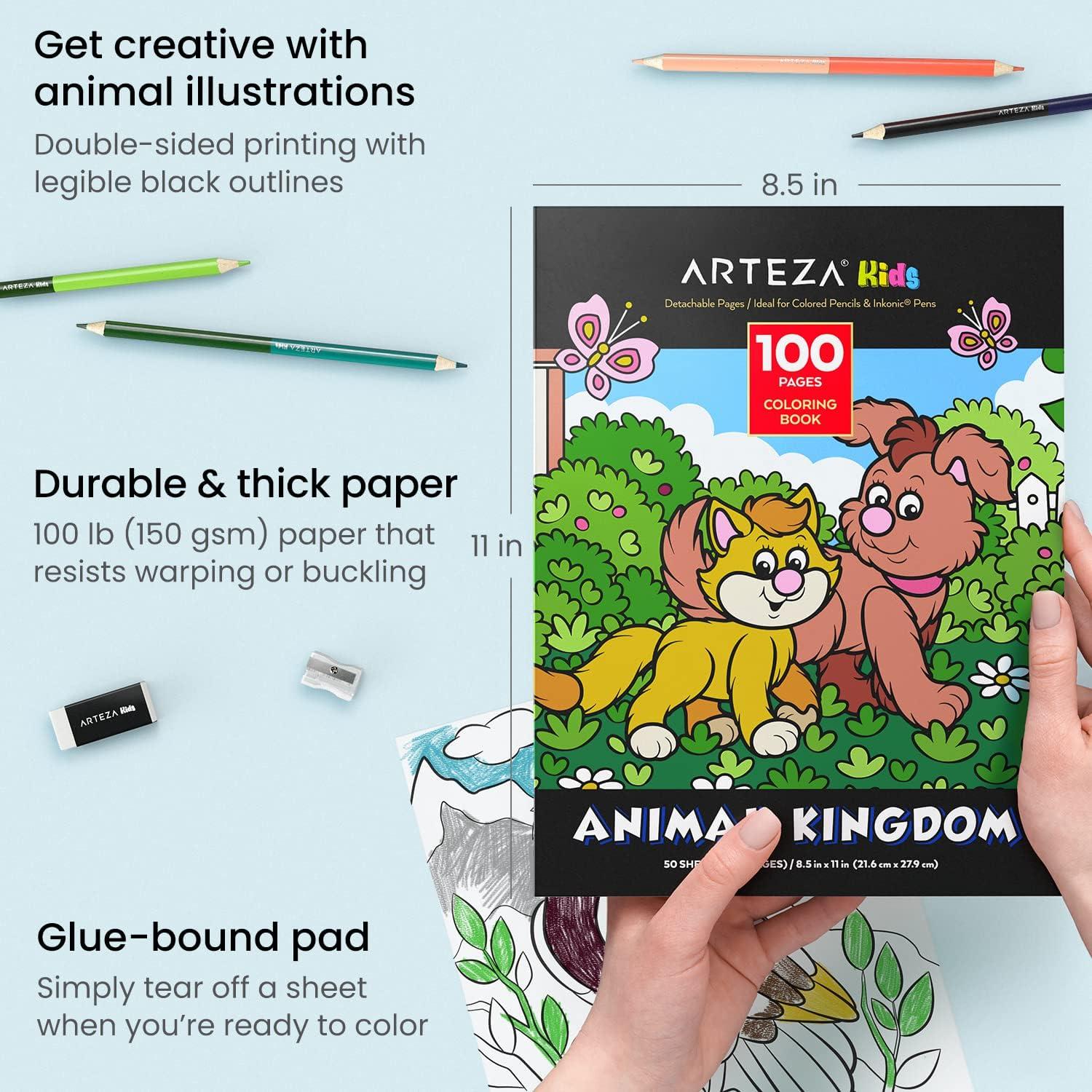 ARTEZA Kids Coloring Book and Colored Pencils Kit, 8.5×11 Inches, Sea Creature Illustrations, 50 Double-Sided Coloring Sheets, 100-lb Paper(Animal)