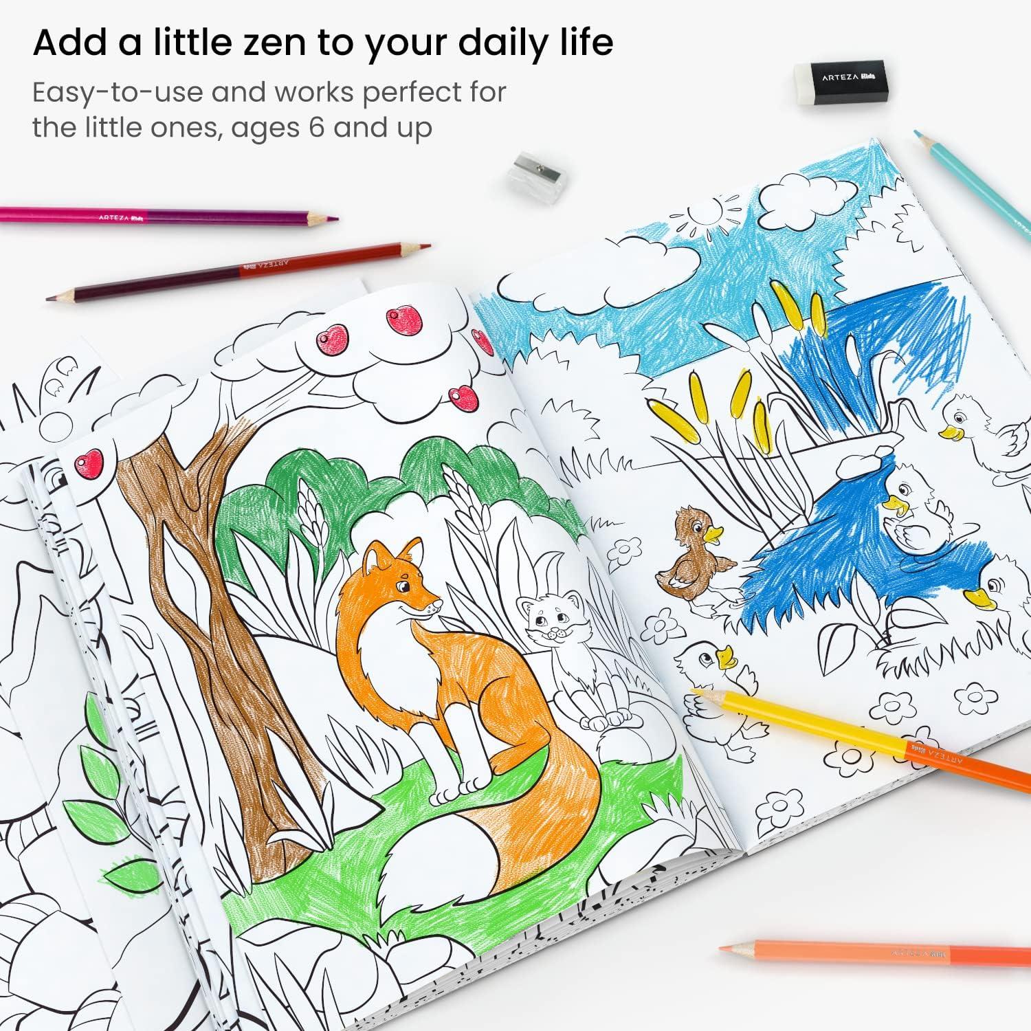 ARTEZA Kids Coloring Book and Colored Pencils Kit, 8.5×11 Inches, Sea Creature Illustrations, 50 Double-Sided Coloring Sheets, 100-lb Paper(Animal)
