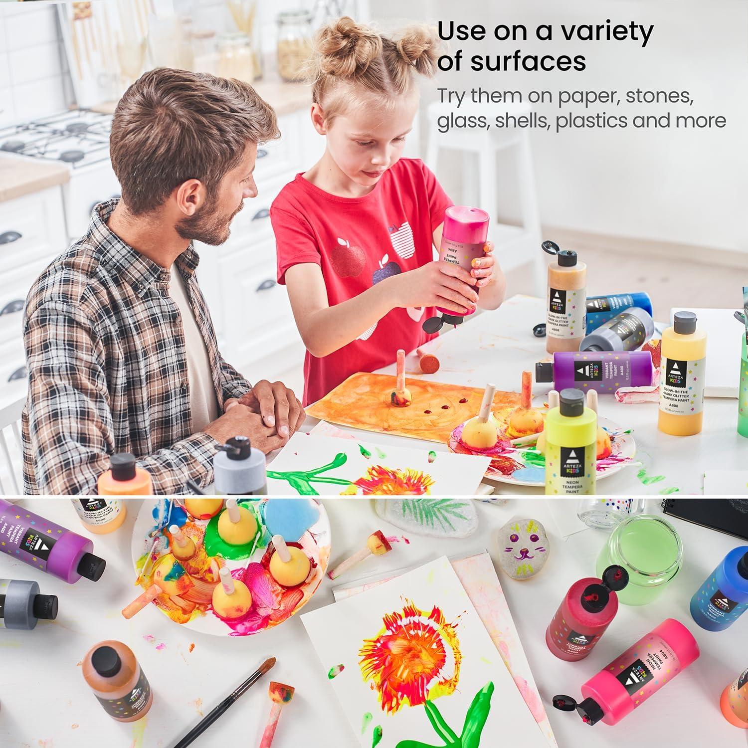 ARTEZA 16 Kids Tempera Paint Set, 13.5 oz/400 ml, Non-Toxic Washable Tempera Paint Bottles, Kids Art Supplies(Set of 16 Assorted)