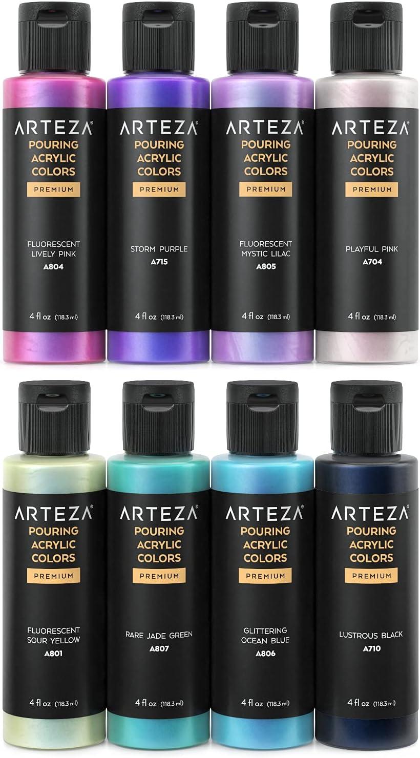 ARTEZA Iridescent Acrylic Paint Set – 10 Galaxy Tones, Shimmer Water-Based Paints for Canvas, Wood, Rocks, Fabrics, and Mixed Media Projects(8 x 118ml (4 fl oz) Elixir Tones)
