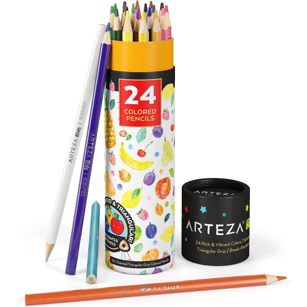 ARTEZA Scented Colored Pencils for Kids, 24 Triangle Pre-Sharpened Non-Toxic Smelly Pencils, for School Drawing, Arts & Crafts(Scented)