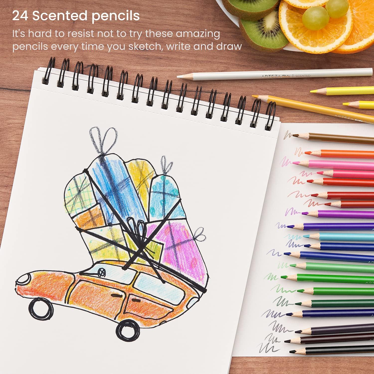 ARTEZA Scented Colored Pencils for Kids, 24 Triangle Pre-Sharpened Non-Toxic Smelly Pencils, for School Drawing, Arts & Crafts(Scented)