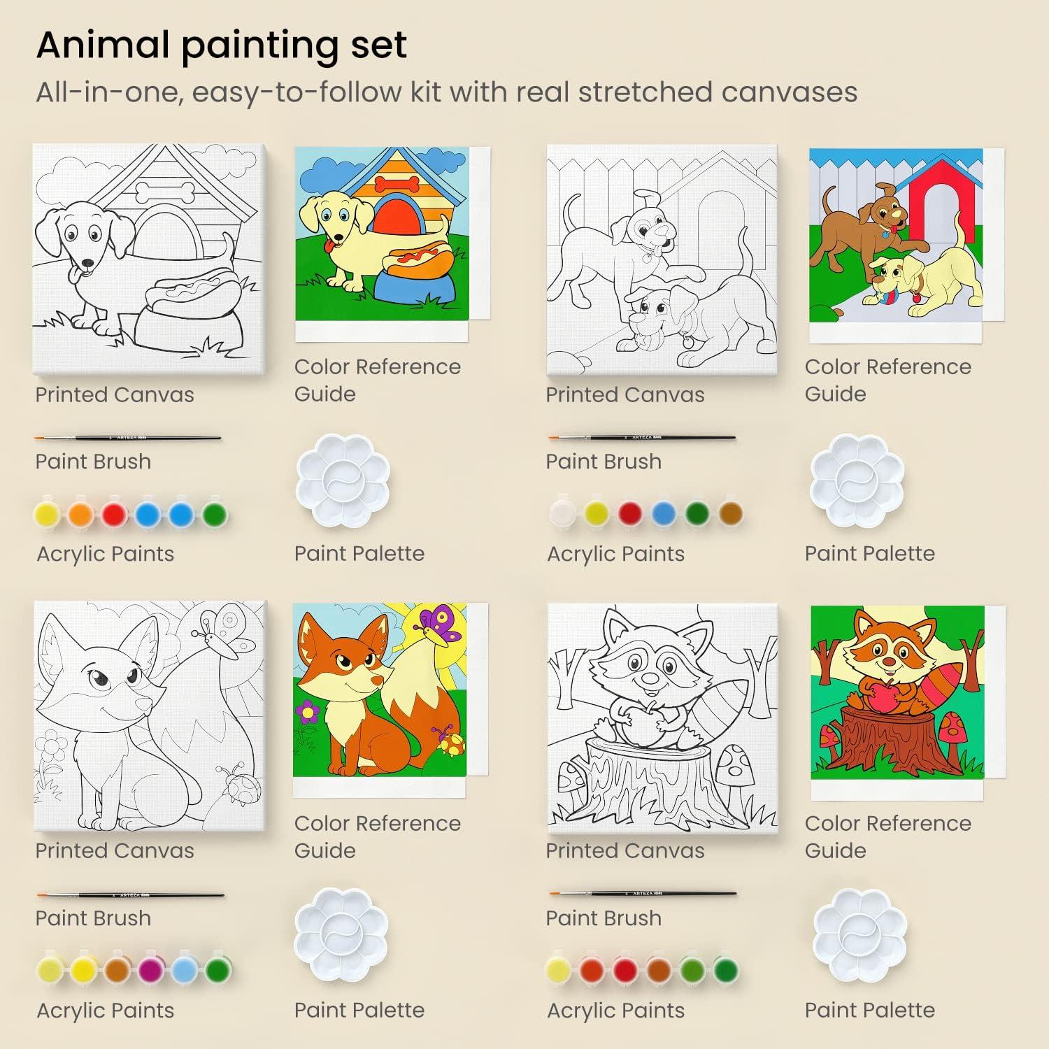 Arteza Kids Nature Painting Kit, 4 Canvases 3 x 3 Inches, 4 Easels, 12 Acrylic Paints, 2 Paint Brushes, 1 Palette, Kids Activities for Ages 6 and Up(Animals)