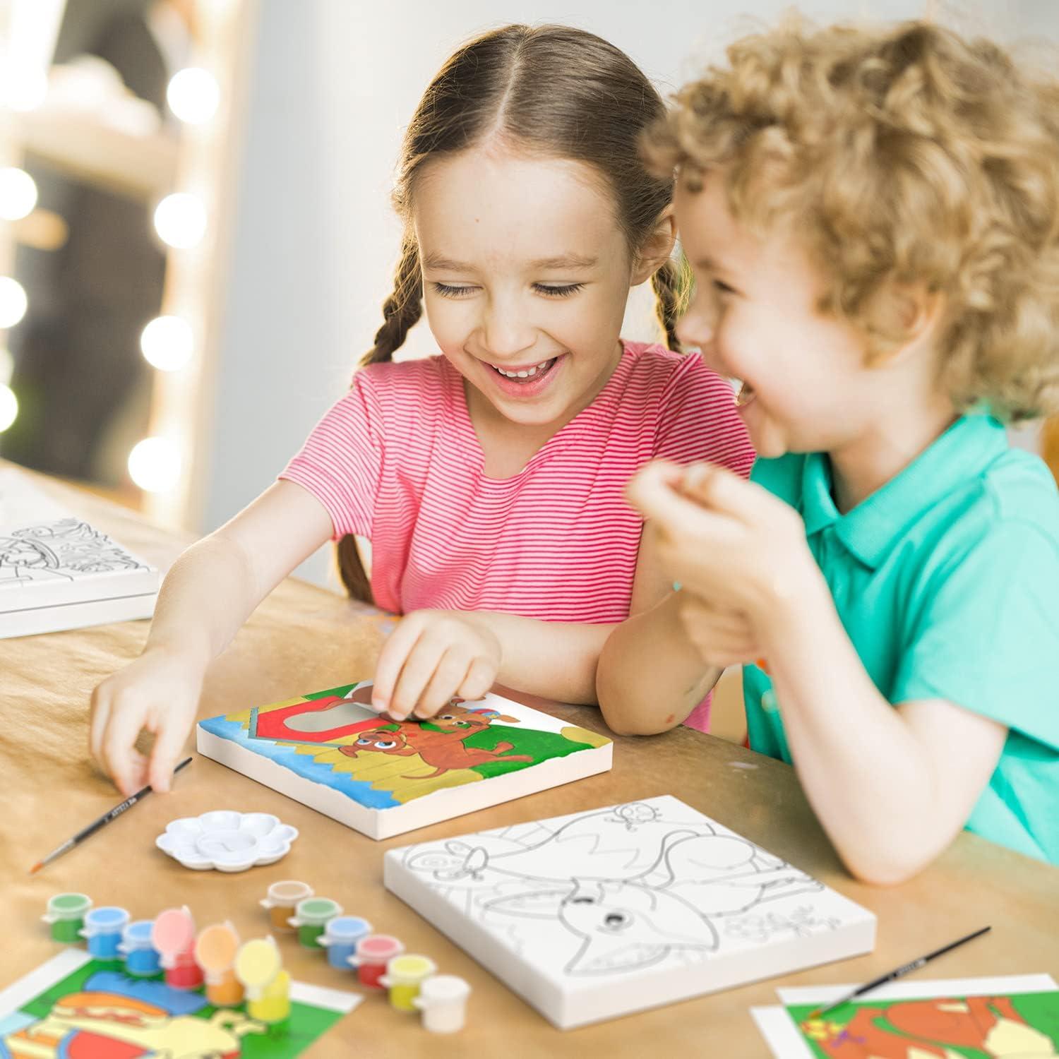 Arteza Kids Nature Painting Kit, 4 Canvases 3 x 3 Inches, 4 Easels, 12 Acrylic Paints, 2 Paint Brushes, 1 Palette, Kids Activities for Ages 6 and Up(Animals)