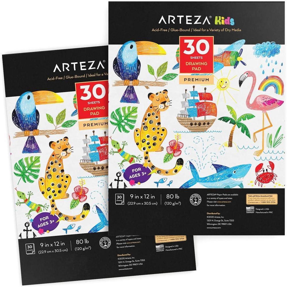 ARTEZA Kids Drawing Pad, Pack of 2, 9 x 12 Inches, 30 Sheets Each, Art Supplies for Drawing and Sketching with Crayons, Colored Pencils, and Markers