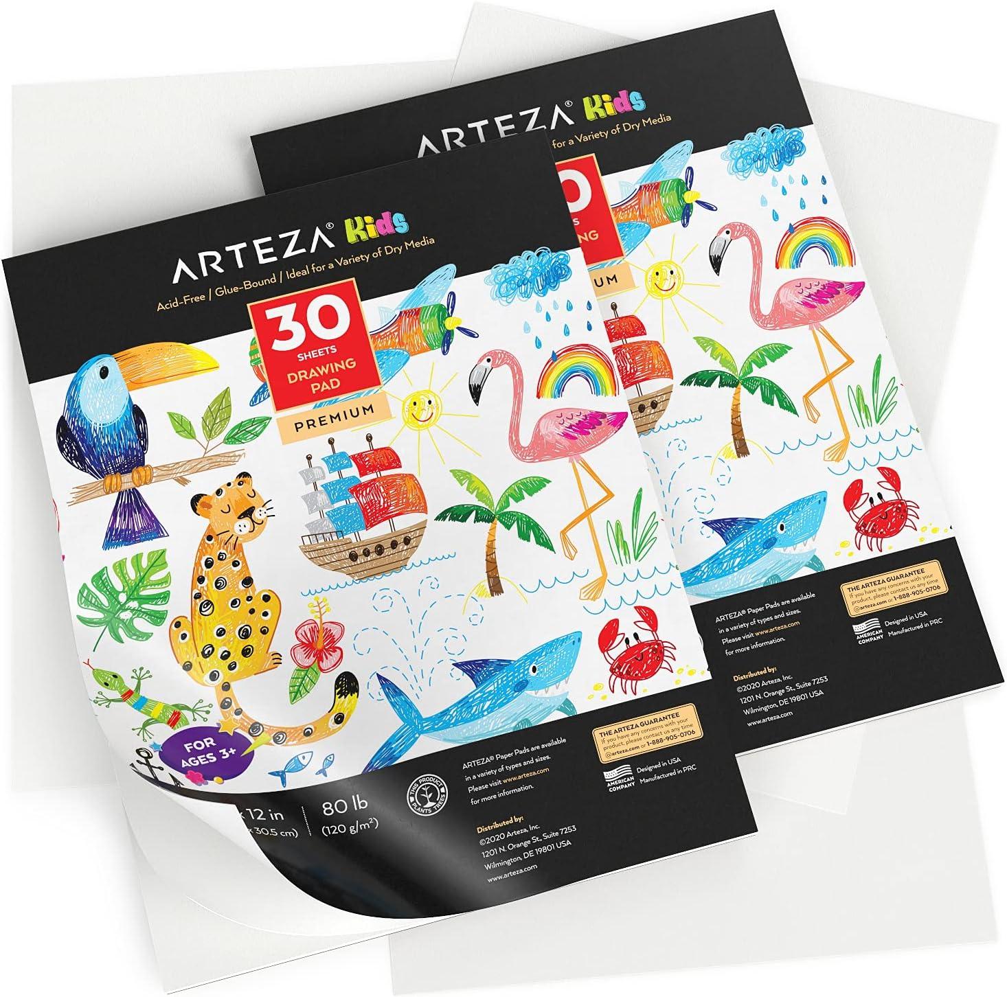 ARTEZA Kids Drawing Pad, Pack of 2, 9 x 12 Inches, 30 Sheets Each, Art Supplies for Drawing and Sketching with Crayons, Colored Pencils, and Markers