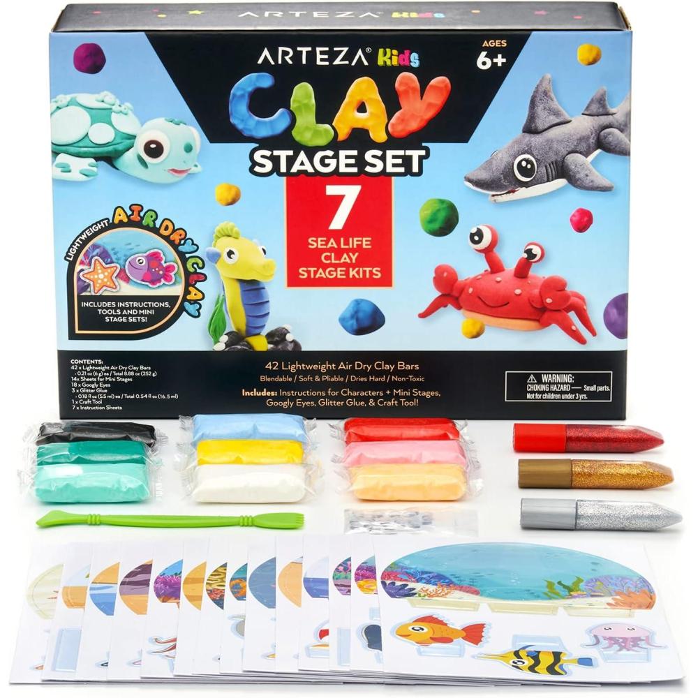 Arteza Kids Air Dry Clay, 42 Bars, Safari Stage Modeling Clay Kit, 14 Mini-Stages, 14 Googly Eyes, 3 Glitter Glues, 1 Craft Tool, 7 Instruction Sheets, Craft Supplies for Learning and Developing(Sea Life Stage)