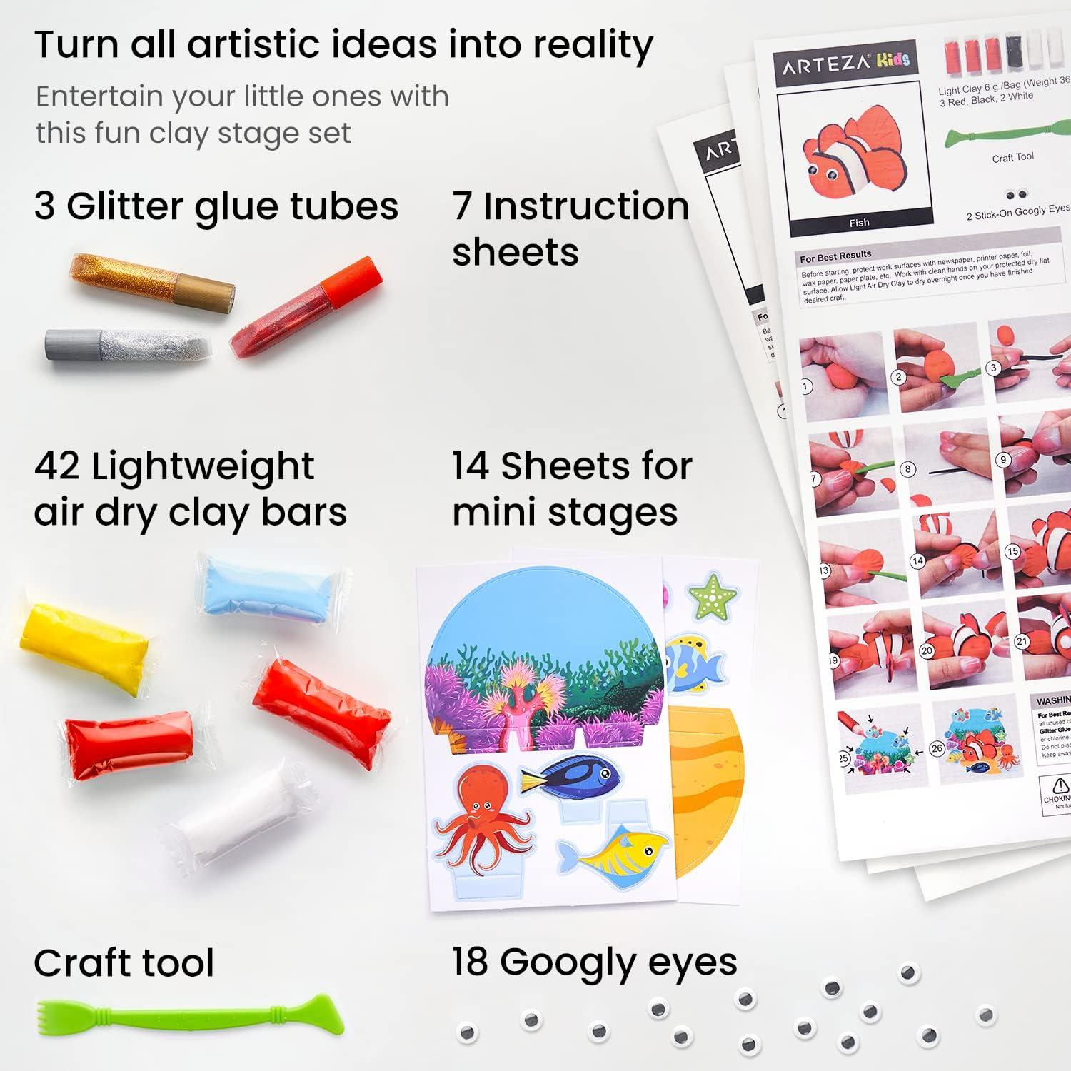 Arteza Kids Air Dry Clay, 42 Bars, Safari Stage Modeling Clay Kit, 14 Mini-Stages, 14 Googly Eyes, 3 Glitter Glues, 1 Craft Tool, 7 Instruction Sheets, Craft Supplies for Learning and Developing(Sea Life Stage)