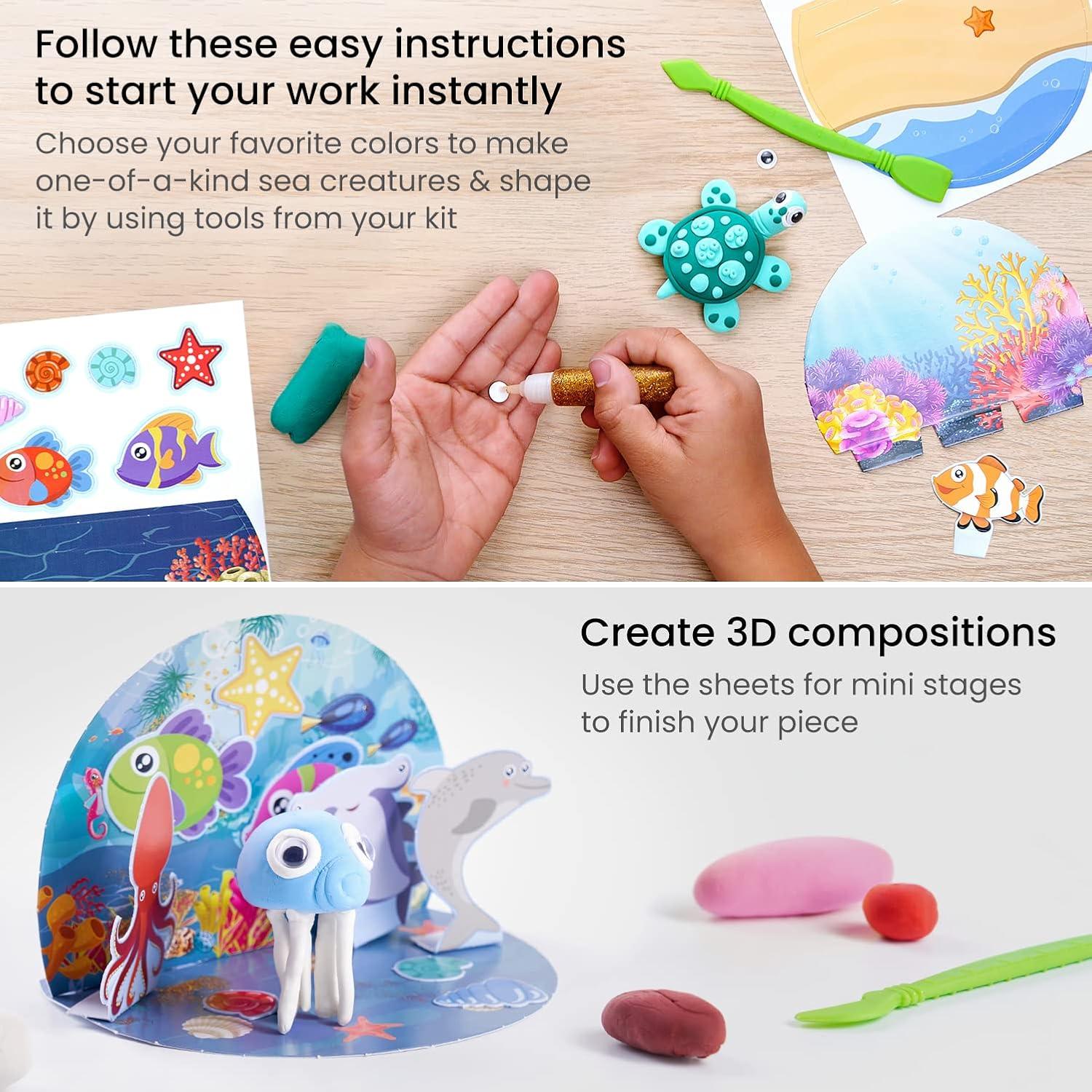 Arteza Kids Air Dry Clay, 42 Bars, Safari Stage Modeling Clay Kit, 14 Mini-Stages, 14 Googly Eyes, 3 Glitter Glues, 1 Craft Tool, 7 Instruction Sheets, Craft Supplies for Learning and Developing(Sea Life Stage)