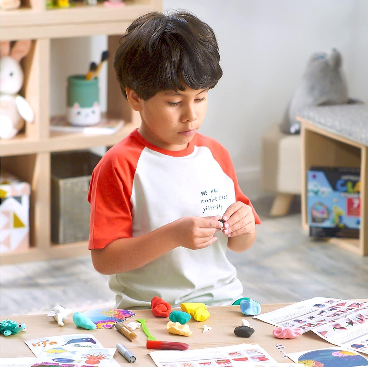 Arteza Kids Air Dry Clay, 42 Bars, Safari Stage Modeling Clay Kit, 14 Mini-Stages, 14 Googly Eyes, 3 Glitter Glues, 1 Craft Tool, 7 Instruction Sheets, Craft Supplies for Learning and Developing(Sea Life Stage)