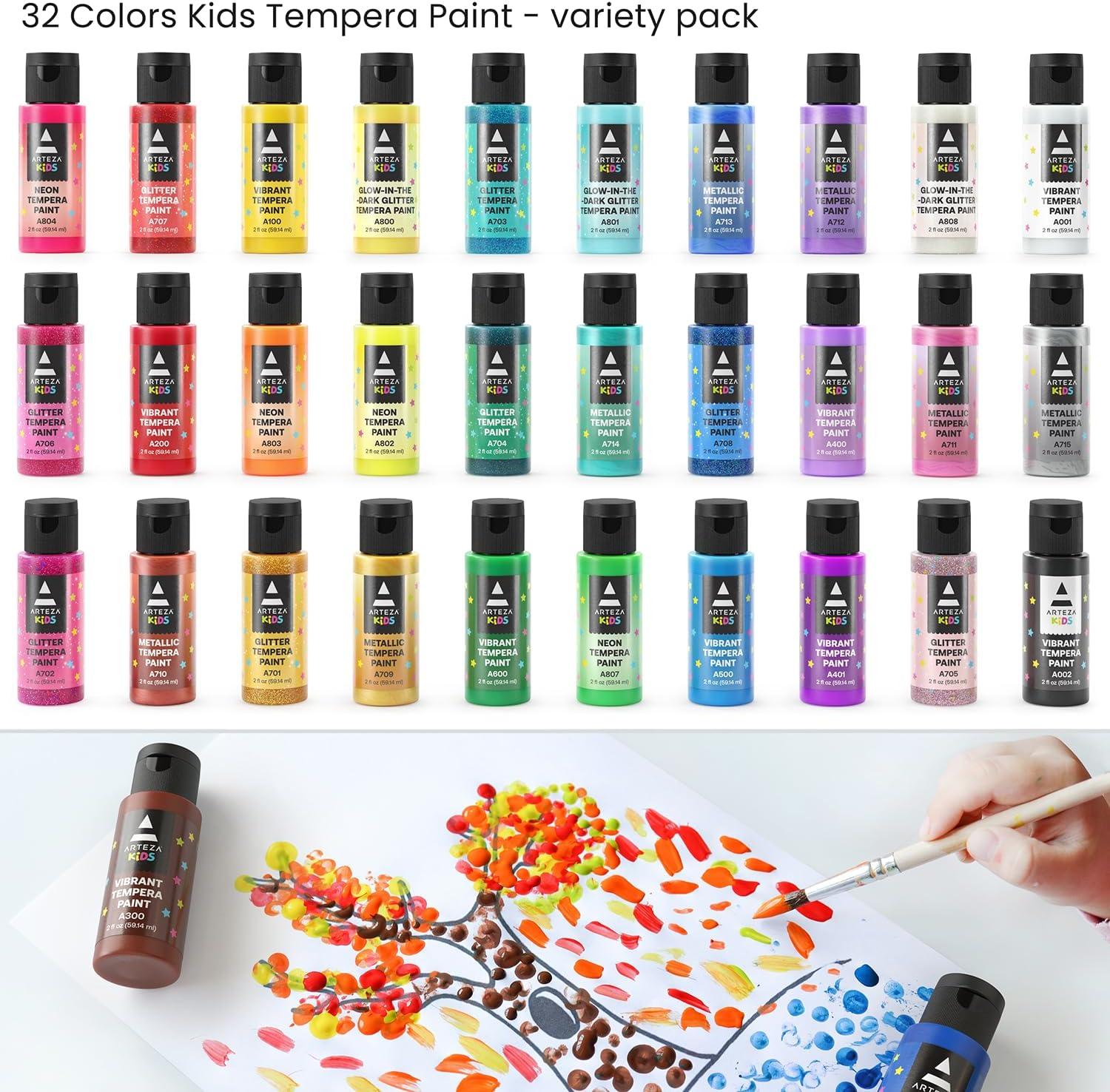 ARTEZA 16 Kids Tempera Paint Set, 13.5 oz/400 ml, Non-Toxic Washable Tempera Paint Bottles, Kids Art Supplies(Set of 32 Assorted)