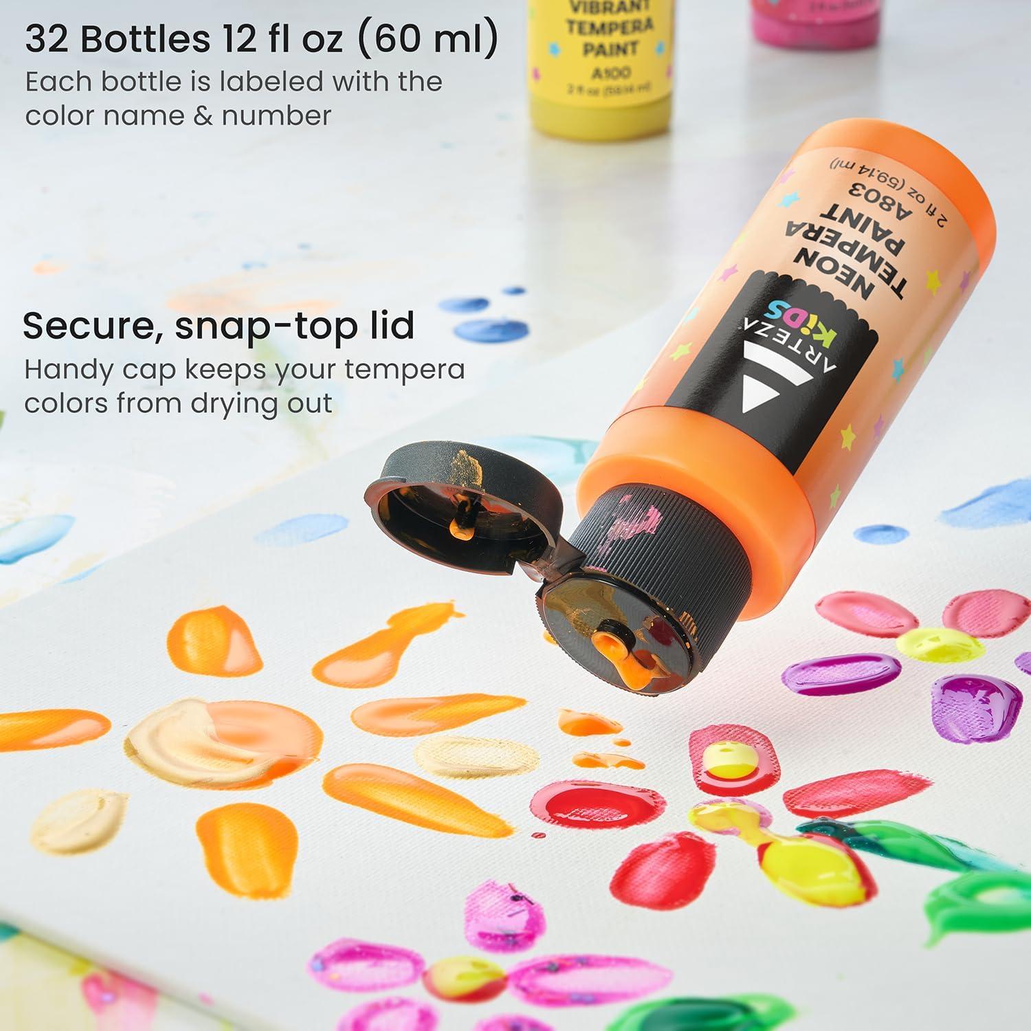 ARTEZA 16 Kids Tempera Paint Set, 13.5 oz/400 ml, Non-Toxic Washable Tempera Paint Bottles, Kids Art Supplies(Set of 32 Assorted)