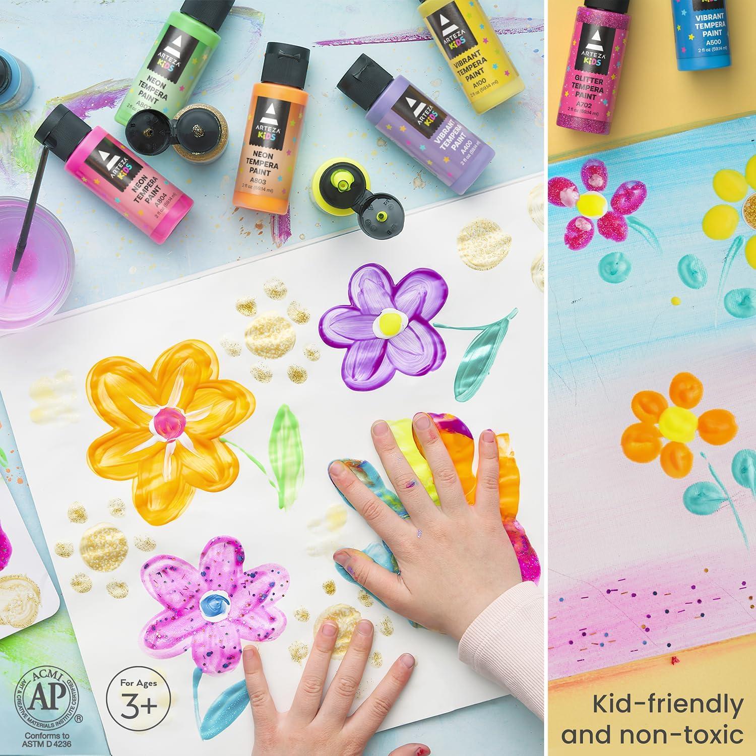 ARTEZA 16 Kids Tempera Paint Set, 13.5 oz/400 ml, Non-Toxic Washable Tempera Paint Bottles, Kids Art Supplies(Set of 32 Assorted)