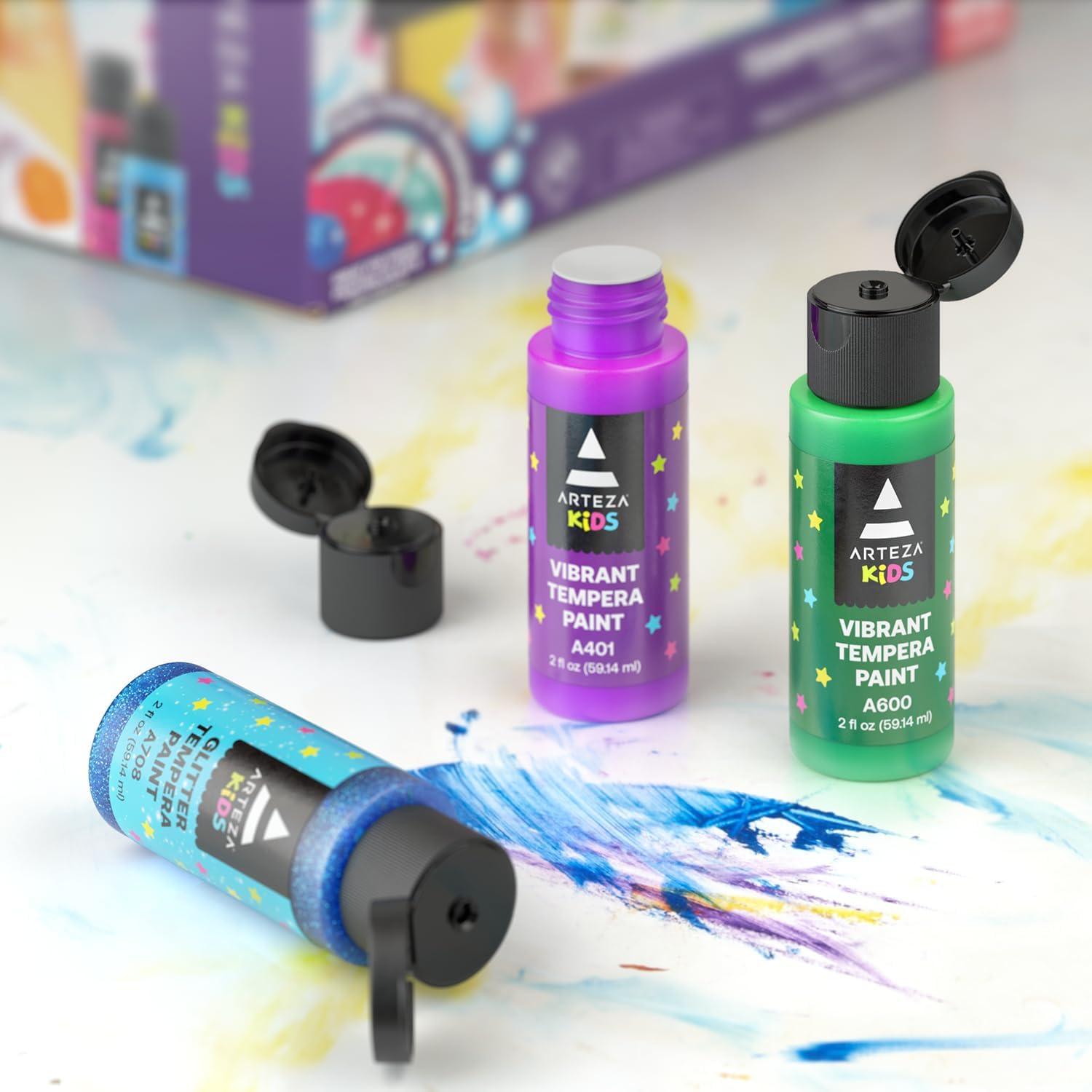 ARTEZA 16 Kids Tempera Paint Set, 13.5 oz/400 ml, Non-Toxic Washable Tempera Paint Bottles, Kids Art Supplies(Set of 32 Assorted)