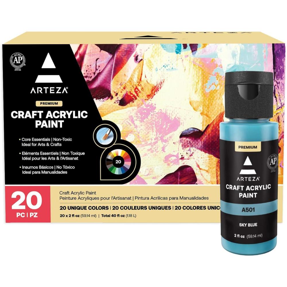 ARTEZA Craft Acrylic Paint Set, Water-Based Acrylic Craft Paint, Matte Finish Artist Paints, Art Supplies for Glass, Wood, Ceramics, Fabrics, Leather(Basic Colors)