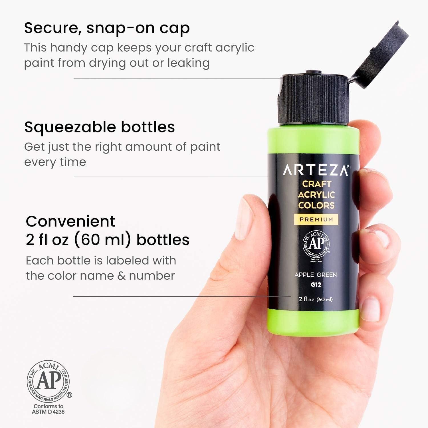 ARTEZA Craft Acrylic Paint Set, Water-Based Acrylic Craft Paint, Matte Finish Artist Paints, Art Supplies for Glass, Wood, Ceramics, Fabrics, Leather(Basic Colors)