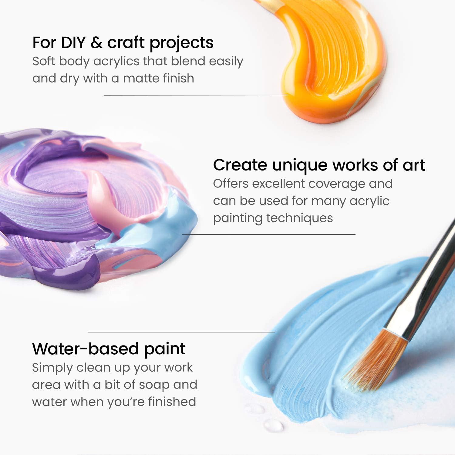 ARTEZA Craft Acrylic Paint Set, Water-Based Acrylic Craft Paint, Matte Finish Artist Paints, Art Supplies for Glass, Wood, Ceramics, Fabrics, Leather(Basic Colors)
