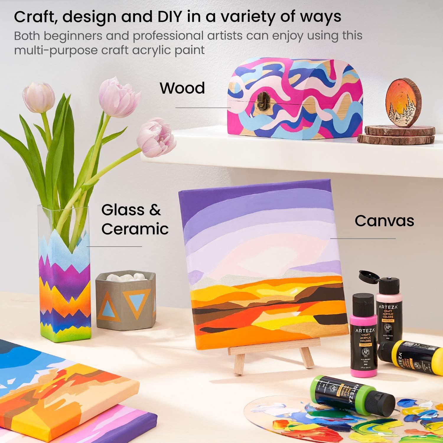 ARTEZA Craft Acrylic Paint Set, Water-Based Acrylic Craft Paint, Matte Finish Artist Paints, Art Supplies for Glass, Wood, Ceramics, Fabrics, Leather(Basic Colors)