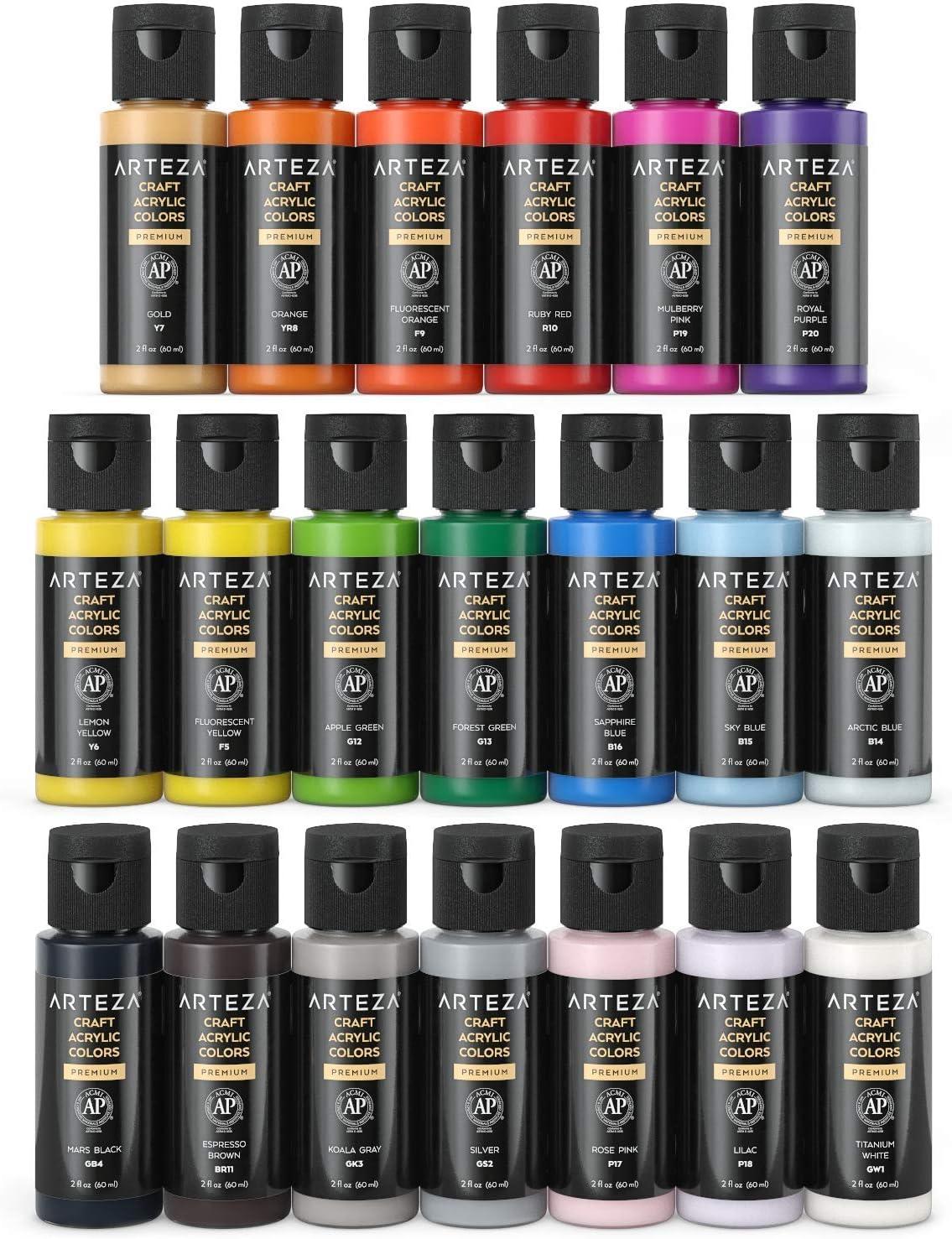 ARTEZA Craft Acrylic Paint Set, Water-Based Acrylic Craft Paint, Matte Finish Artist Paints, Art Supplies for Glass, Wood, Ceramics, Fabrics, Leather(Basic Colors)