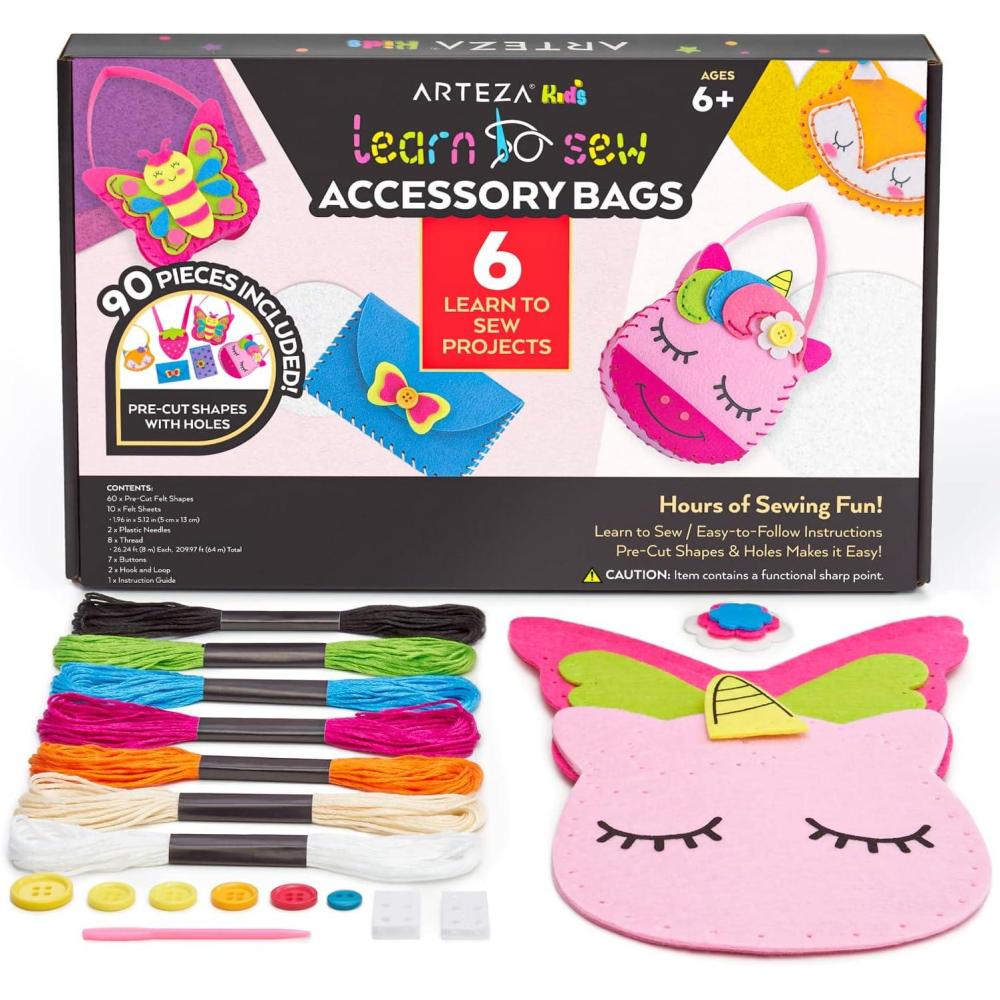 Arteza Kids Hand Sewing Kit, 6 Learn to Sew Accessory Bags, 90 Pieces, Pre-Cut Felt Shapes, Felt Sheets, Plastic Needles, Thread, Buttons, and Hook & Loop, Kids Craft Supplies with Instruction Guide(90 Pieces)