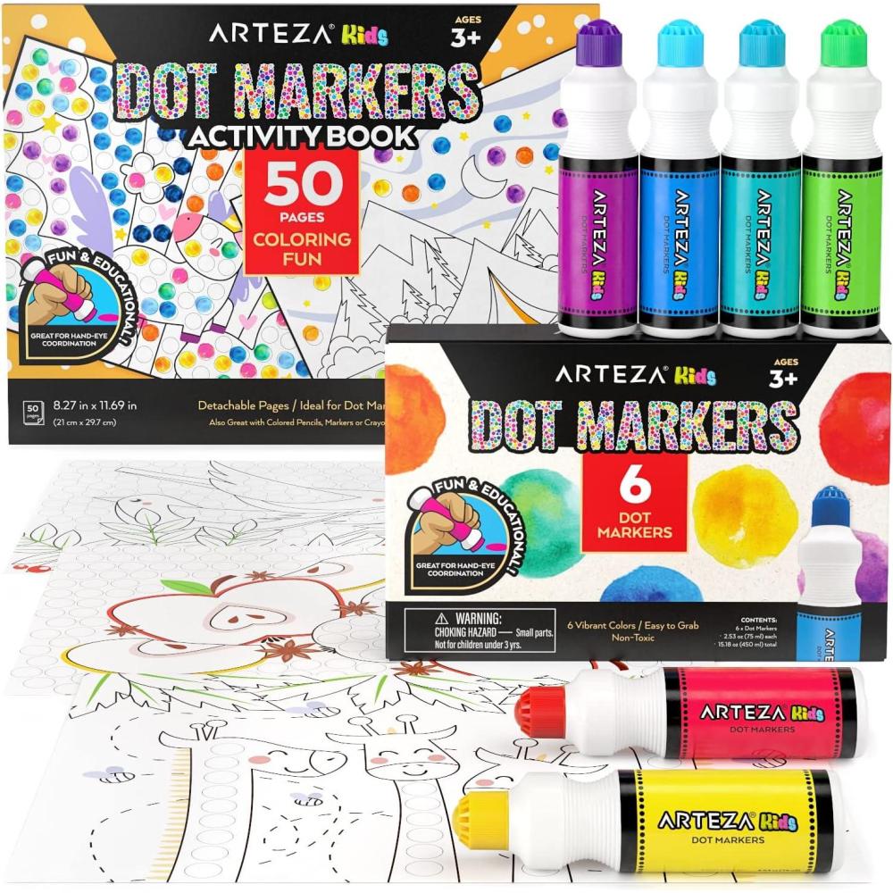 Arteza Kids Dot Markers with Activity Book, 6 Washable Bingo Daubers & 50-Page Book, Non-Toxic Art Supplies for Toddlers and Preschool Learning(Coloring Fun)