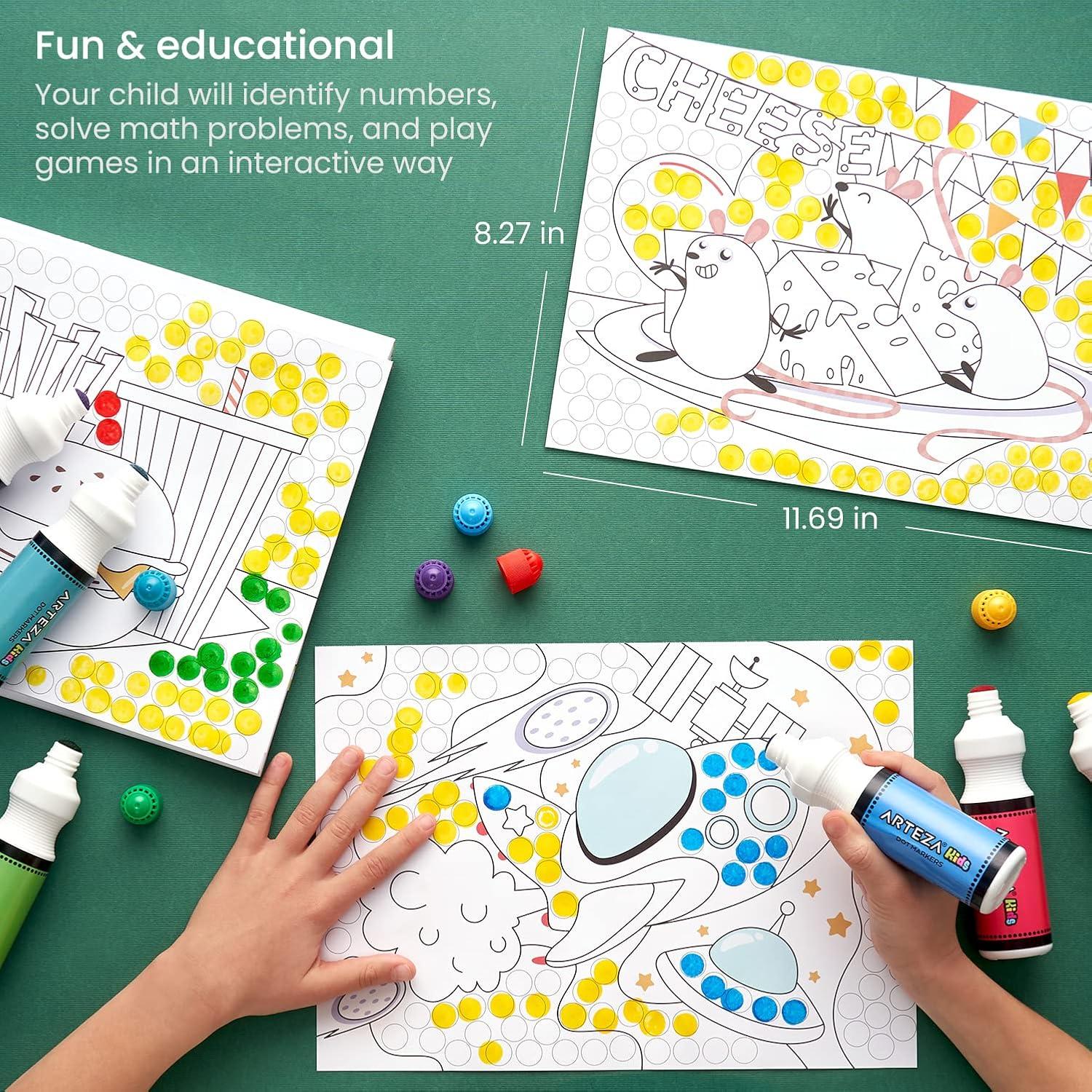 Arteza Kids Dot Markers with Activity Book, 6 Washable Bingo Daubers & 50-Page Book, Non-Toxic Art Supplies for Toddlers and Preschool Learning(Coloring Fun)