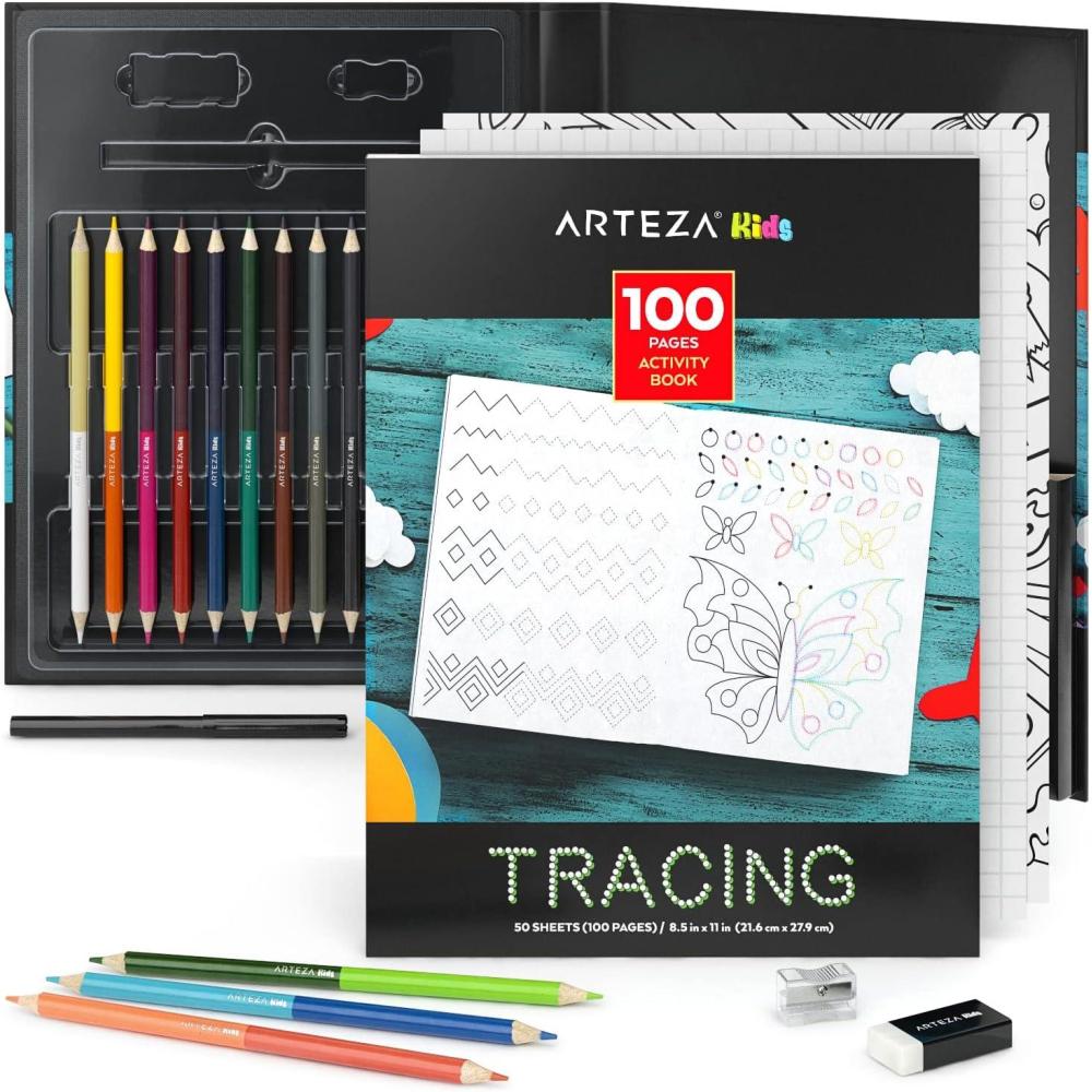 Arteza Kids Tracing Activity Book, School Supplies for Ages 6 and Up, 50 Double-Sided Sheets, 12 Double-Ended Colored Pencils, Black Marker, Eraser, Pencil Sharpener