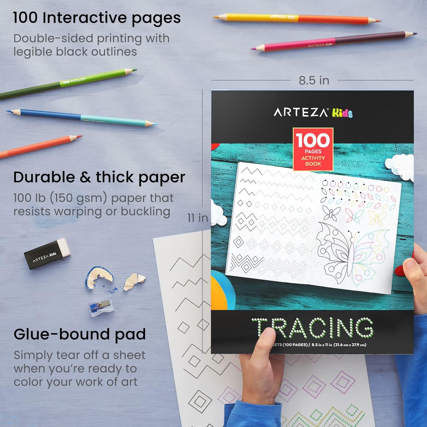 Arteza Kids Tracing Activity Book, School Supplies for Ages 6 and Up, 50 Double-Sided Sheets, 12 Double-Ended Colored Pencils, Black Marker, Eraser, Pencil Sharpener