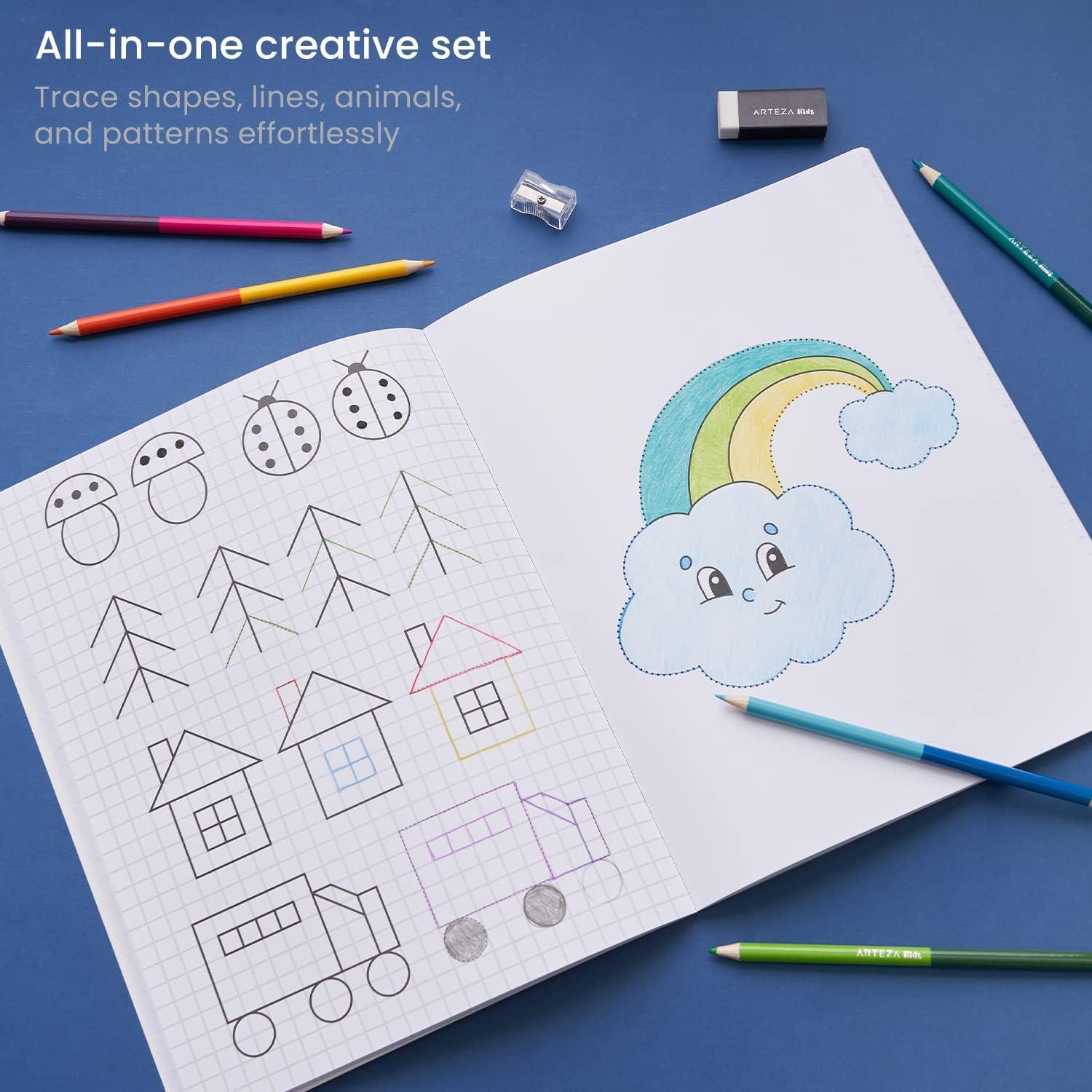 Arteza Kids Tracing Activity Book, School Supplies for Ages 6 and Up, 50 Double-Sided Sheets, 12 Double-Ended Colored Pencils, Black Marker, Eraser, Pencil Sharpener