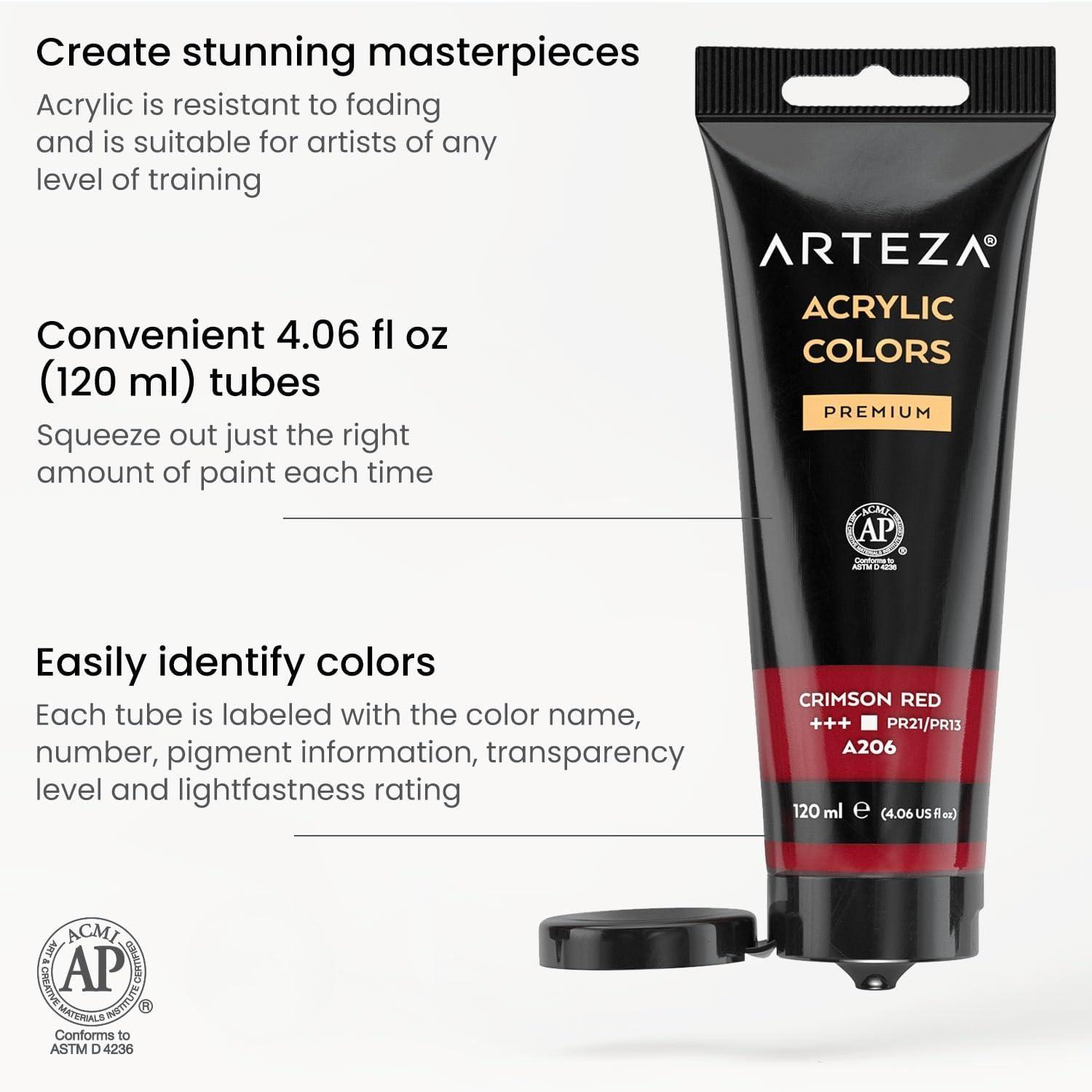 ARTEZA Acrylic Paint Set of 14 Colors, 4.06 Ounce Tubes, Non-Toxic Acrylic Artist Paints. Art Supplies for Painting(14 Pack)