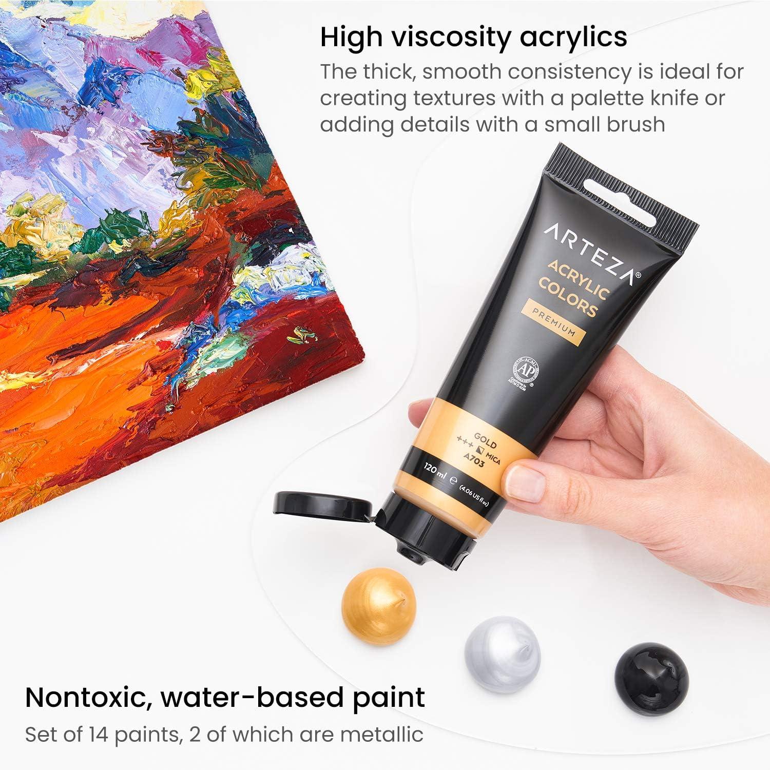 ARTEZA Acrylic Paint Set of 14 Colors, 4.06 Ounce Tubes, Non-Toxic Acrylic Artist Paints. Art Supplies for Painting(14 Pack)