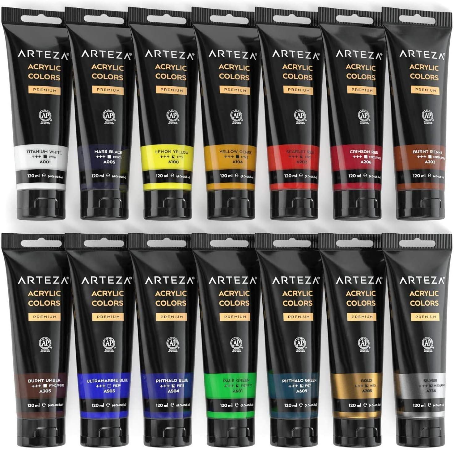ARTEZA Acrylic Paint Set of 14 Colors, 4.06 Ounce Tubes, Non-Toxic Acrylic Artist Paints. Art Supplies for Painting(14 Pack)