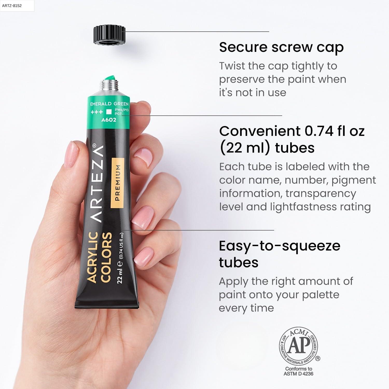 ARTEZA Acrylic Paint Set 24 Colors (0.74 oz Tubes). High-Viscosity, Richly Pigmented Paints for Canvas, Wood & Crafts. Non-Toxic Water-Based Formula. Holiday Gift for Artists & Painters(0.74 Fl Oz (Pack of 24))