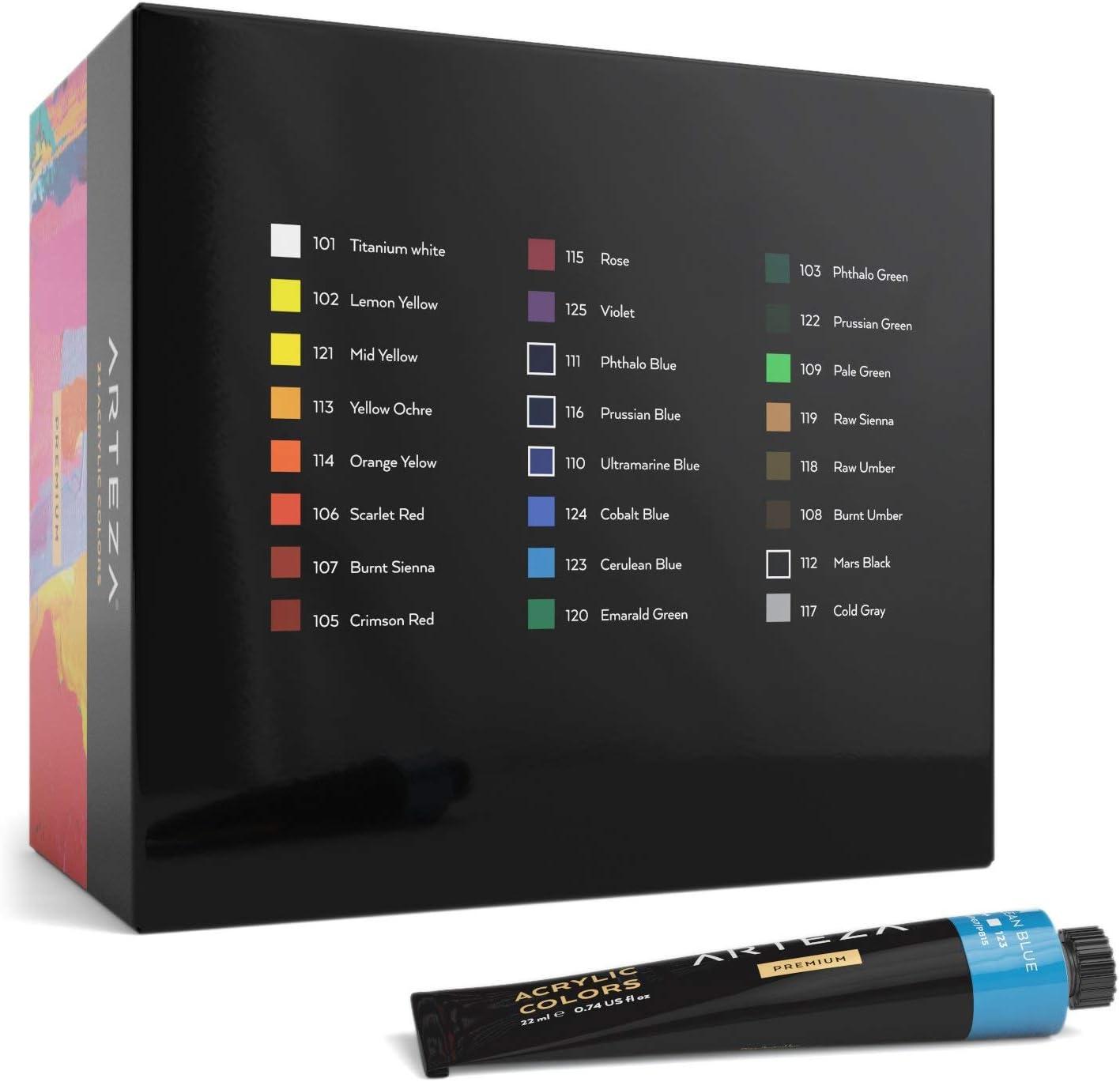 ARTEZA Acrylic Paint Set 24 Colors (0.74 oz Tubes). High-Viscosity, Richly Pigmented Paints for Canvas, Wood & Crafts. Non-Toxic Water-Based Formula. Holiday Gift for Artists & Painters(0.74 Fl Oz (Pack of 24))