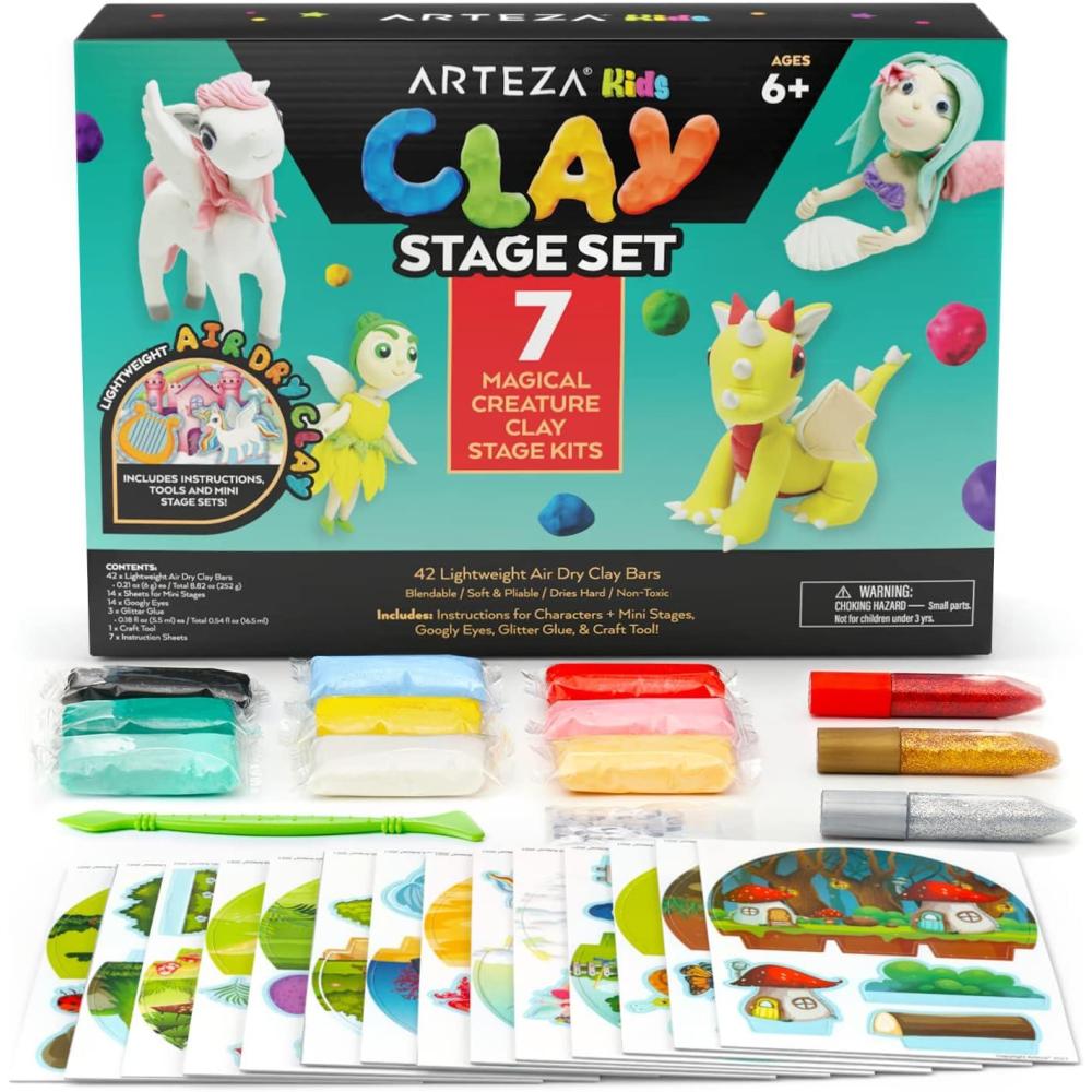 Arteza Kids Air Dry Clay, 42 Bars, Safari Stage Modeling Clay Kit, 14 Mini-Stages, 14 Googly Eyes, 3 Glitter Glues, 1 Craft Tool, 7 Instruction Sheets, Craft Supplies for Learning and Developing(Magical Creatures)