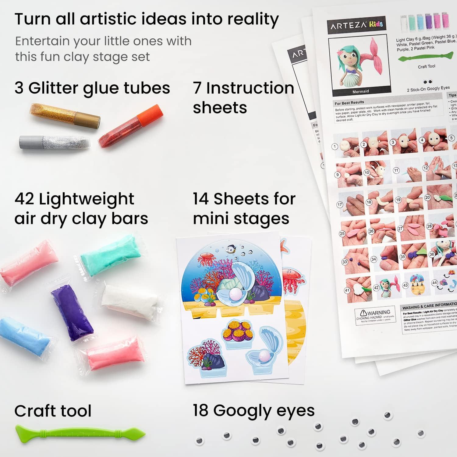 Arteza Kids Air Dry Clay, 42 Bars, Safari Stage Modeling Clay Kit, 14 Mini-Stages, 14 Googly Eyes, 3 Glitter Glues, 1 Craft Tool, 7 Instruction Sheets, Craft Supplies for Learning and Developing(Magical Creatures)