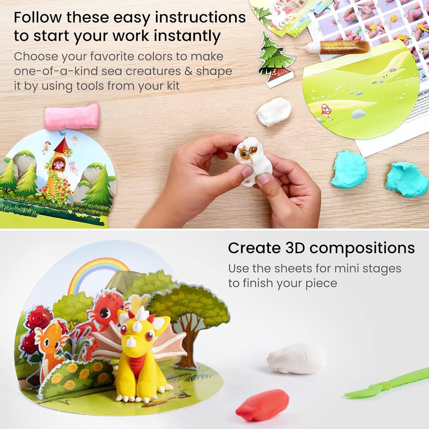 Arteza Kids Air Dry Clay, 42 Bars, Safari Stage Modeling Clay Kit, 14 Mini-Stages, 14 Googly Eyes, 3 Glitter Glues, 1 Craft Tool, 7 Instruction Sheets, Craft Supplies for Learning and Developing(Magical Creatures)