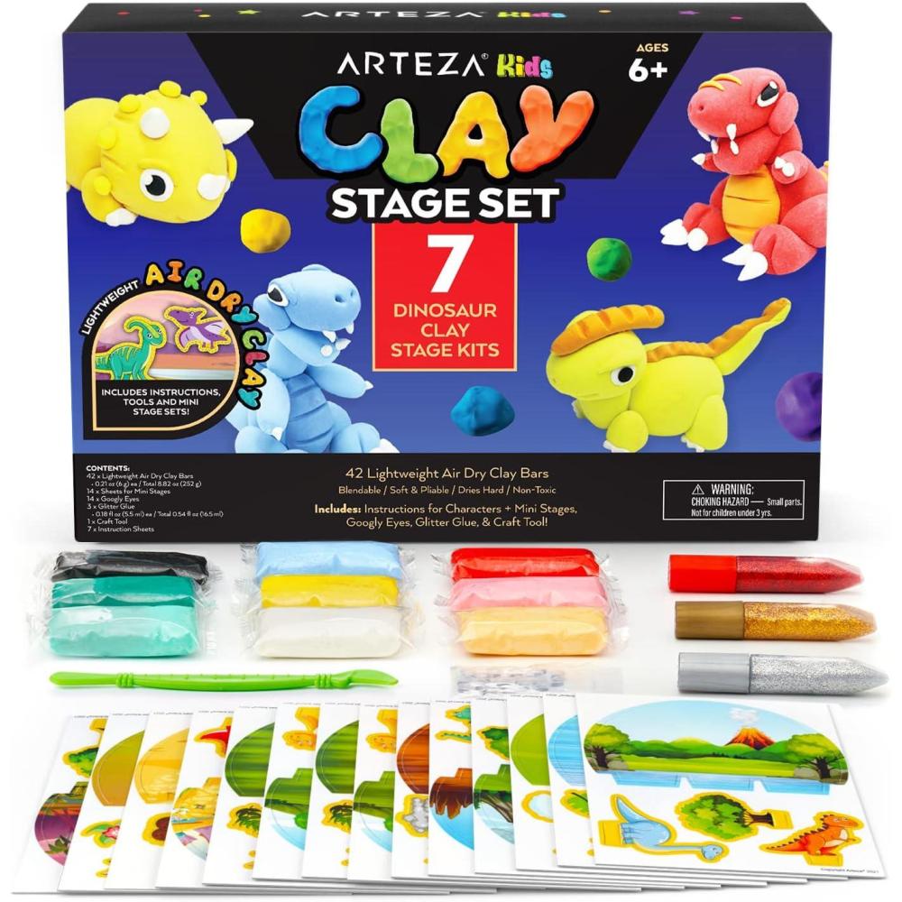 Arteza Kids Air Dry Clay, 42 Bars, Safari Stage Modeling Clay Kit, 14 Mini-Stages, 14 Googly Eyes, 3 Glitter Glues, 1 Craft Tool, 7 Instruction Sheets, Craft Supplies for Learning and Developing(Dinosaurs)