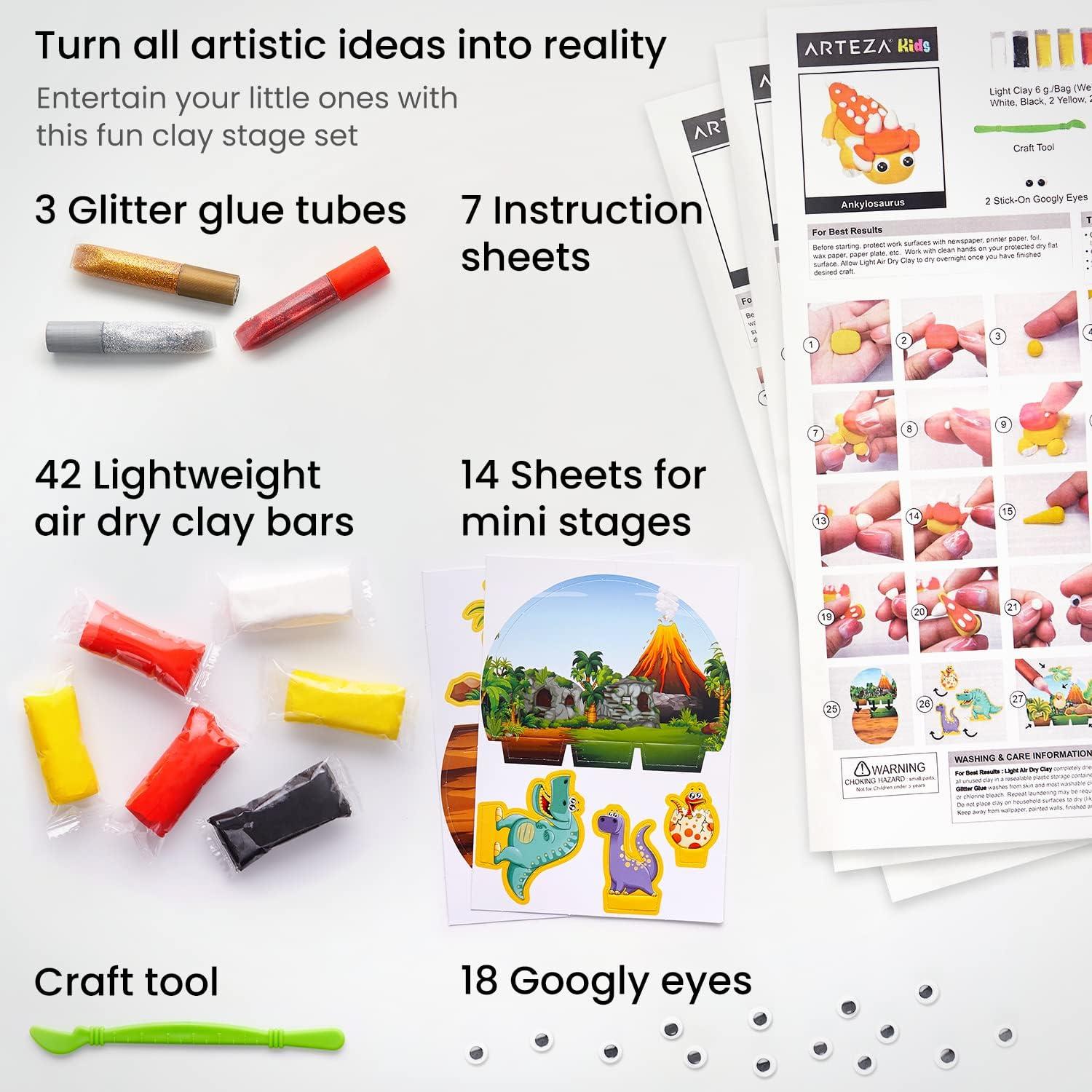Arteza Kids Air Dry Clay, 42 Bars, Safari Stage Modeling Clay Kit, 14 Mini-Stages, 14 Googly Eyes, 3 Glitter Glues, 1 Craft Tool, 7 Instruction Sheets, Craft Supplies for Learning and Developing(Dinosaurs)