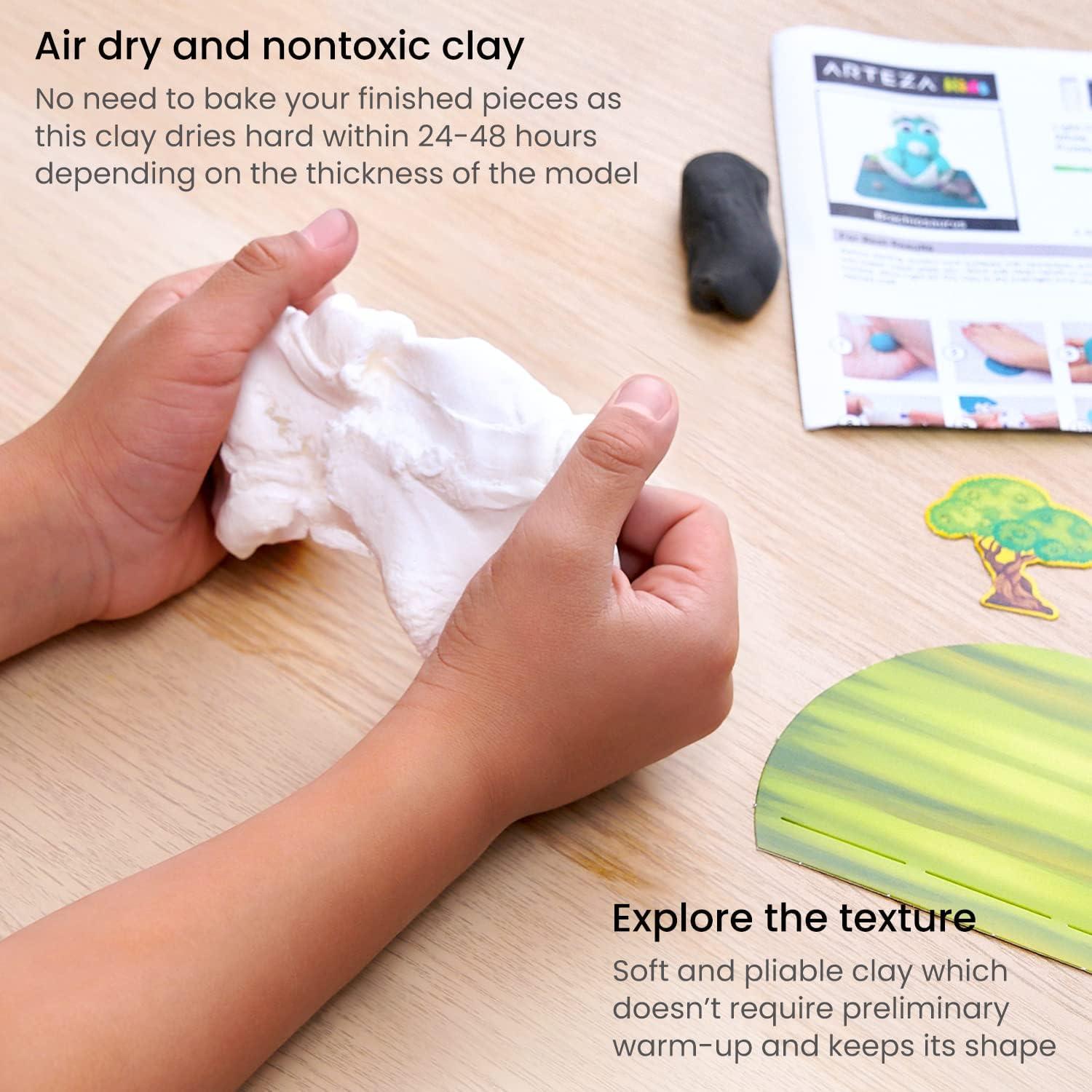 Arteza Kids Air Dry Clay, 42 Bars, Safari Stage Modeling Clay Kit, 14 Mini-Stages, 14 Googly Eyes, 3 Glitter Glues, 1 Craft Tool, 7 Instruction Sheets, Craft Supplies for Learning and Developing(Dinosaurs)