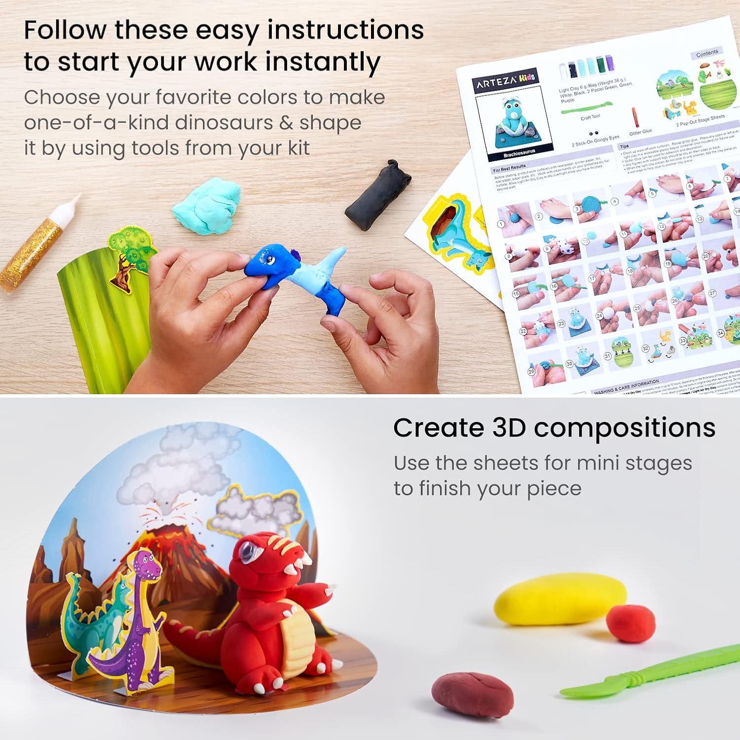 Arteza Kids Air Dry Clay, 42 Bars, Safari Stage Modeling Clay Kit, 14 Mini-Stages, 14 Googly Eyes, 3 Glitter Glues, 1 Craft Tool, 7 Instruction Sheets, Craft Supplies for Learning and Developing(Dinosaurs)