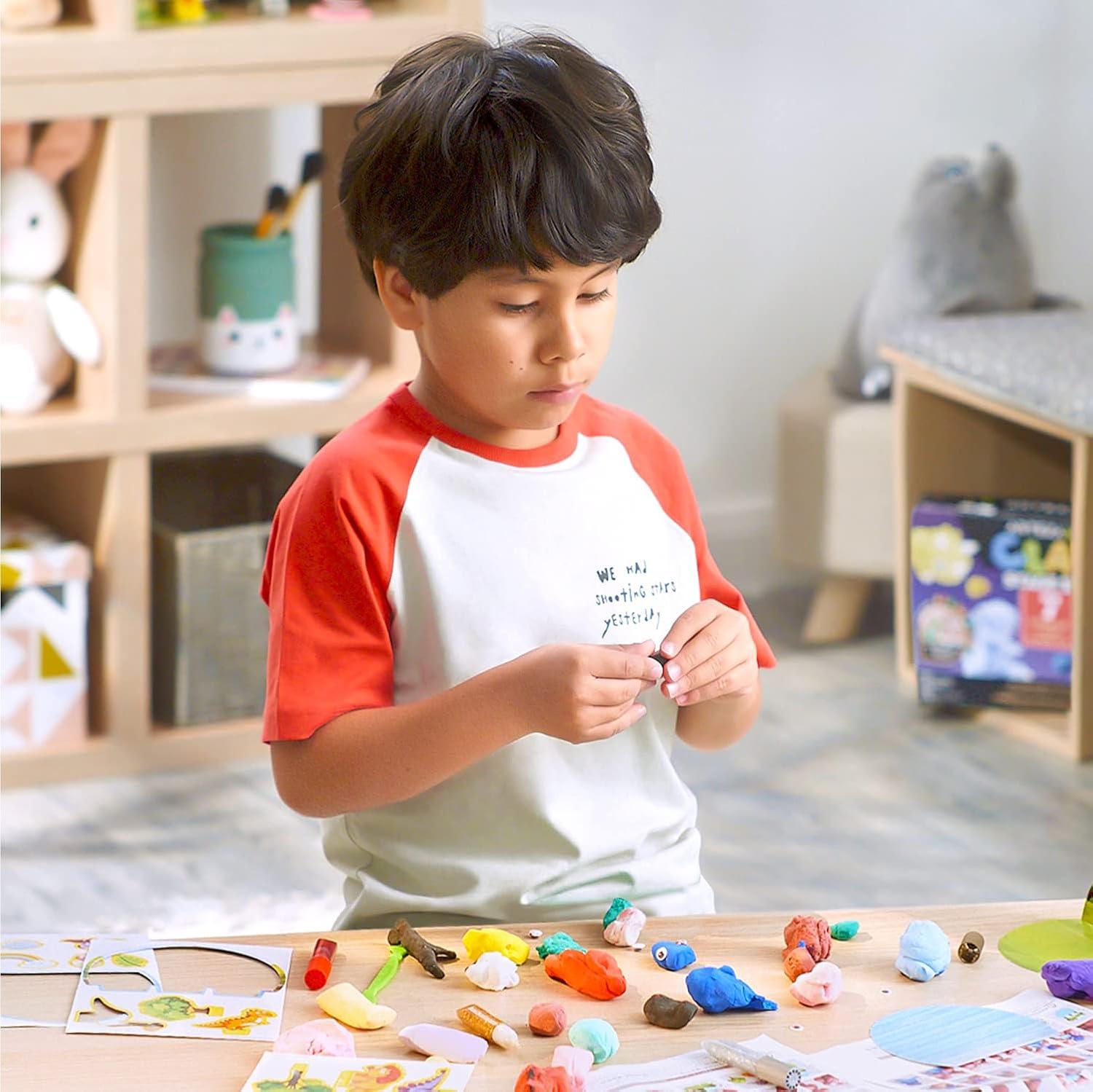 Arteza Kids Air Dry Clay, 42 Bars, Safari Stage Modeling Clay Kit, 14 Mini-Stages, 14 Googly Eyes, 3 Glitter Glues, 1 Craft Tool, 7 Instruction Sheets, Craft Supplies for Learning and Developing(Dinosaurs)