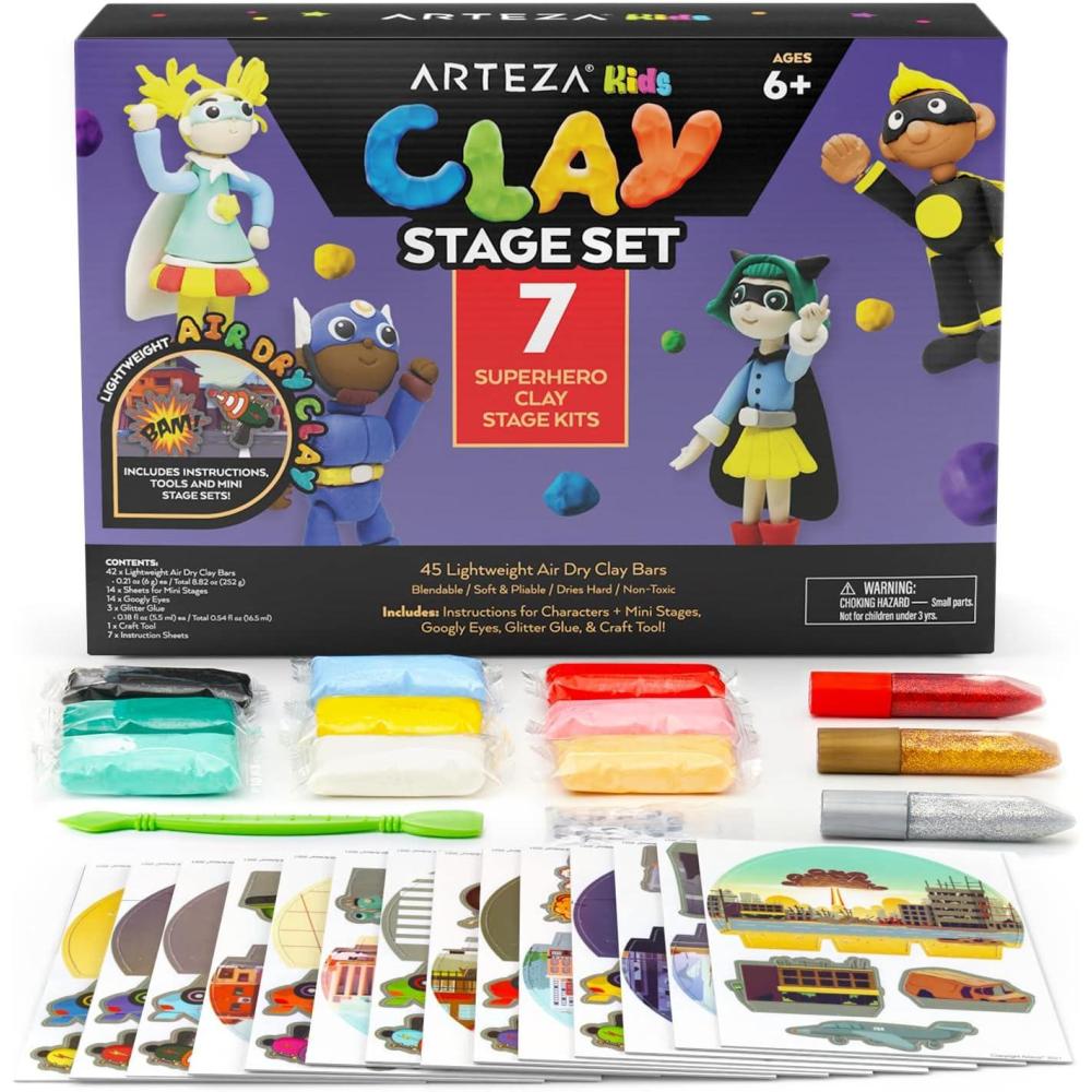 Arteza Kids Air Dry Clay, 42 Bars, Safari Stage Modeling Clay Kit, 14 Mini-Stages, 14 Googly Eyes, 3 Glitter Glues, 1 Craft Tool, 7 Instruction Sheets, Craft Supplies for Learning and Developing(Superheroes)