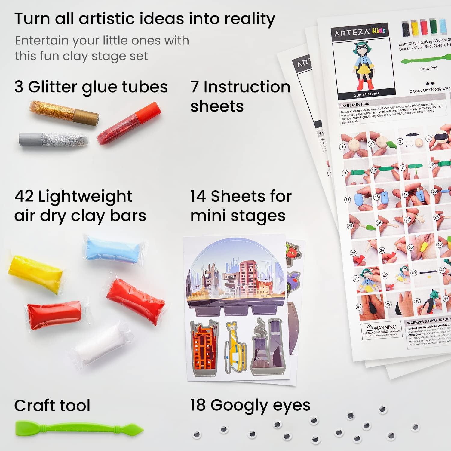 Arteza Kids Air Dry Clay, 42 Bars, Safari Stage Modeling Clay Kit, 14 Mini-Stages, 14 Googly Eyes, 3 Glitter Glues, 1 Craft Tool, 7 Instruction Sheets, Craft Supplies for Learning and Developing(Superheroes)