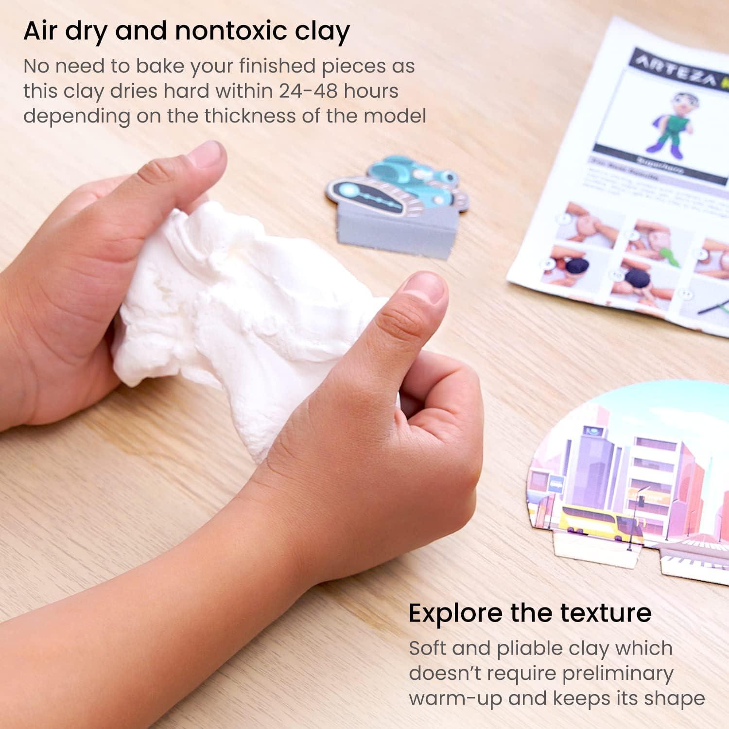 Arteza Kids Air Dry Clay, 42 Bars, Safari Stage Modeling Clay Kit, 14 Mini-Stages, 14 Googly Eyes, 3 Glitter Glues, 1 Craft Tool, 7 Instruction Sheets, Craft Supplies for Learning and Developing(Superheroes)