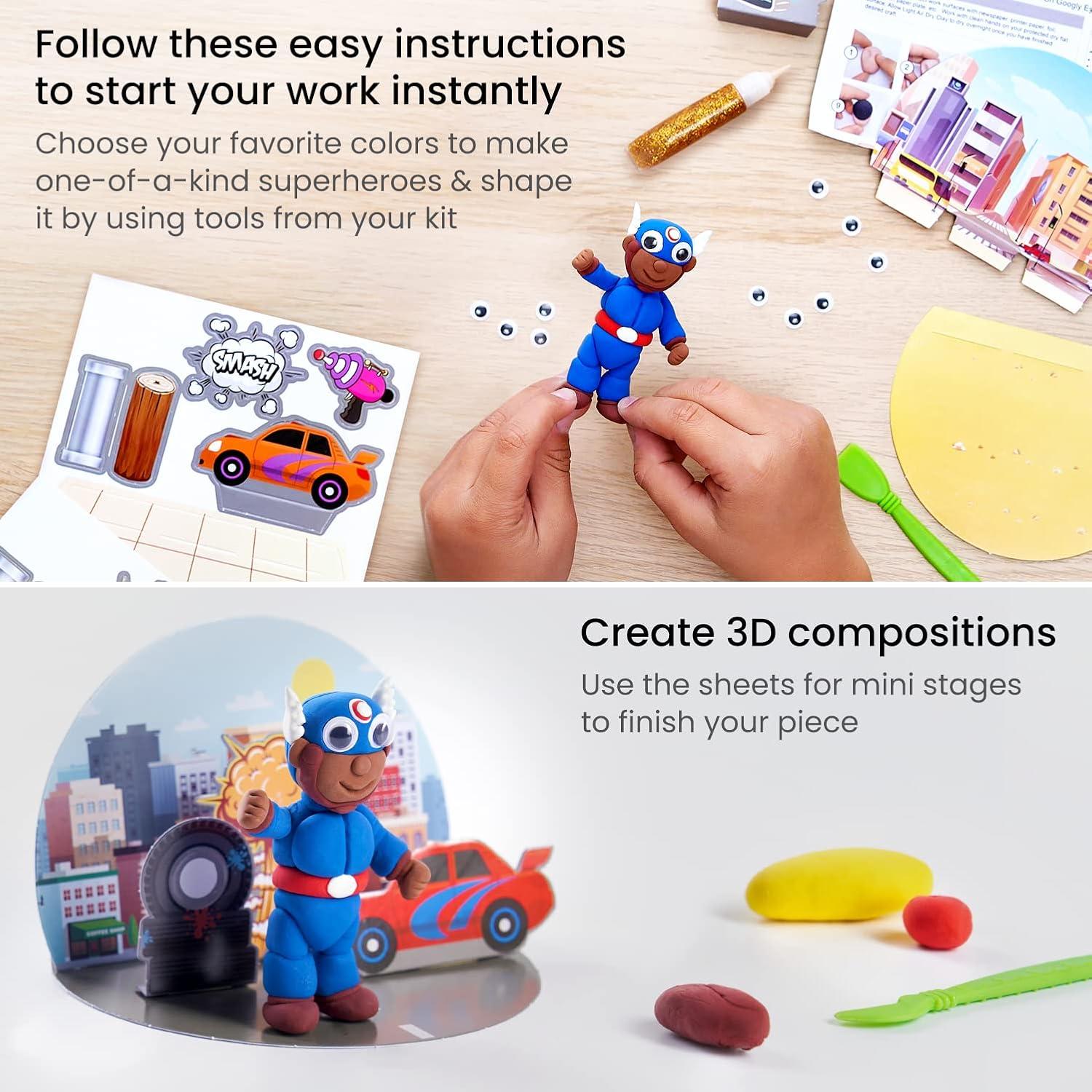 Arteza Kids Air Dry Clay, 42 Bars, Safari Stage Modeling Clay Kit, 14 Mini-Stages, 14 Googly Eyes, 3 Glitter Glues, 1 Craft Tool, 7 Instruction Sheets, Craft Supplies for Learning and Developing(Superheroes)