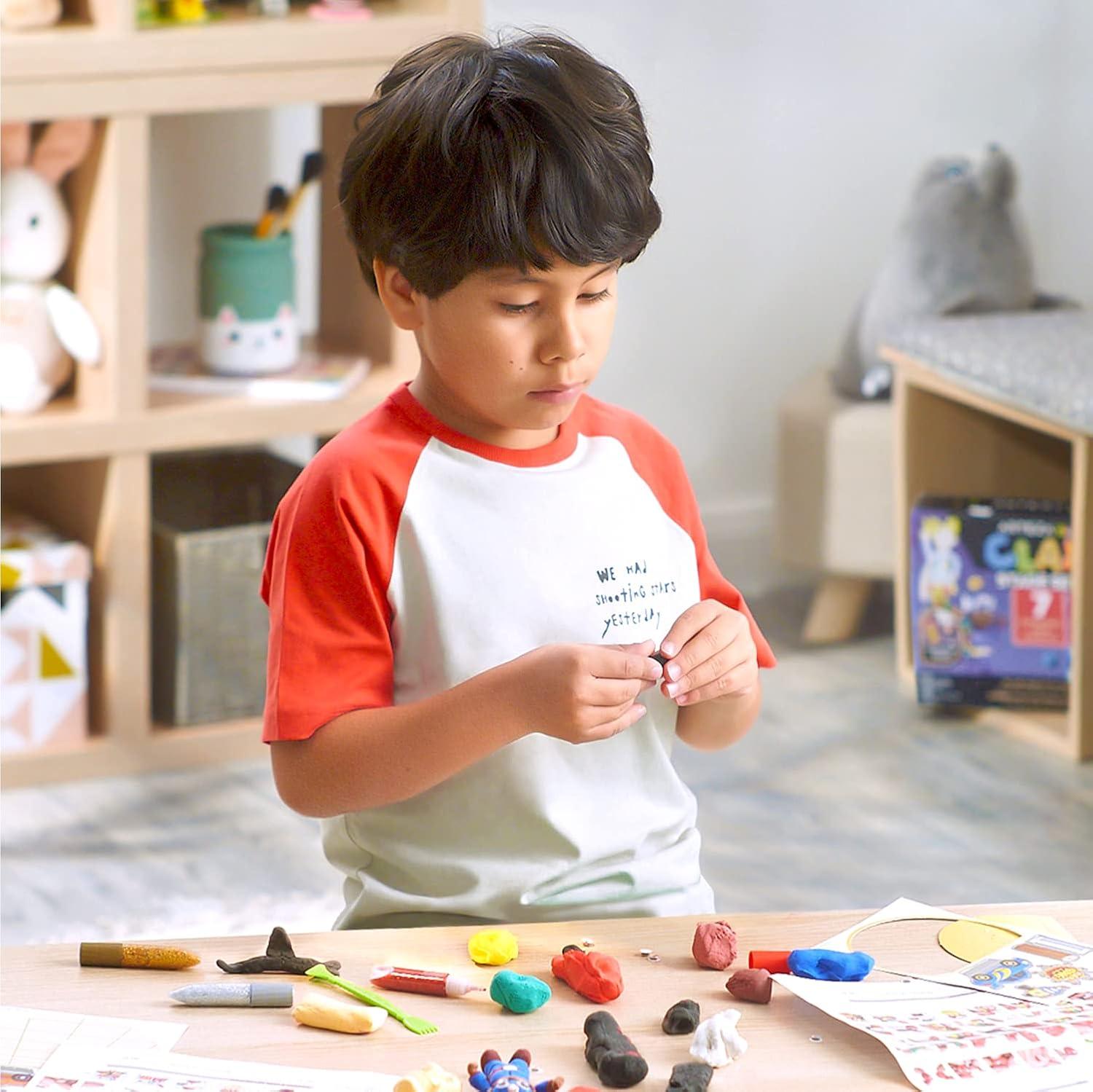 Arteza Kids Air Dry Clay, 42 Bars, Safari Stage Modeling Clay Kit, 14 Mini-Stages, 14 Googly Eyes, 3 Glitter Glues, 1 Craft Tool, 7 Instruction Sheets, Craft Supplies for Learning and Developing(Superheroes)