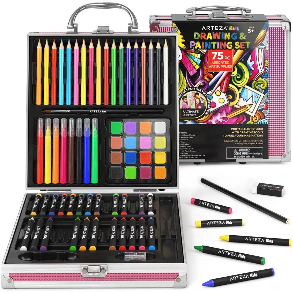 ARTEZA Kids Painting & Drawing Kit, 75-Piece Bundle, 18 Mini Colored Pencils, 16 Watercolor Paints, 14 Oil Pastels, 14 Crayons
